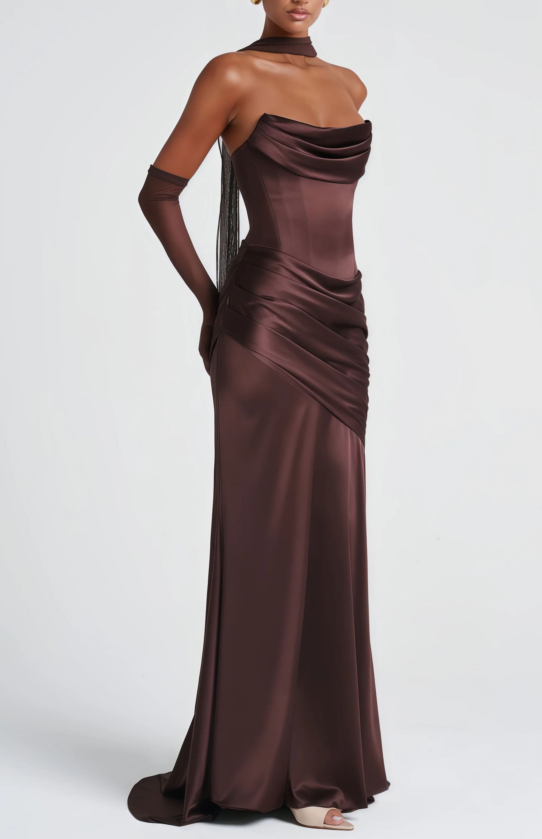Fenella Brown Ruched Satin Maxi Dress