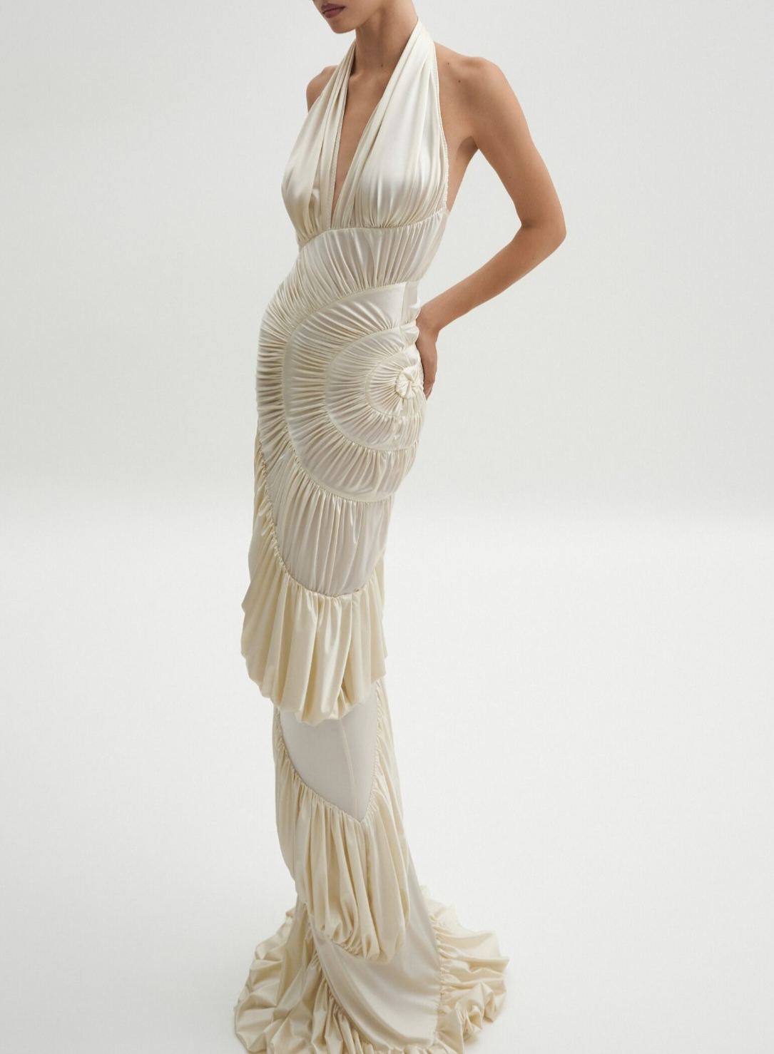 Marilou Cream White Halterneck Shirred Maxi Dress