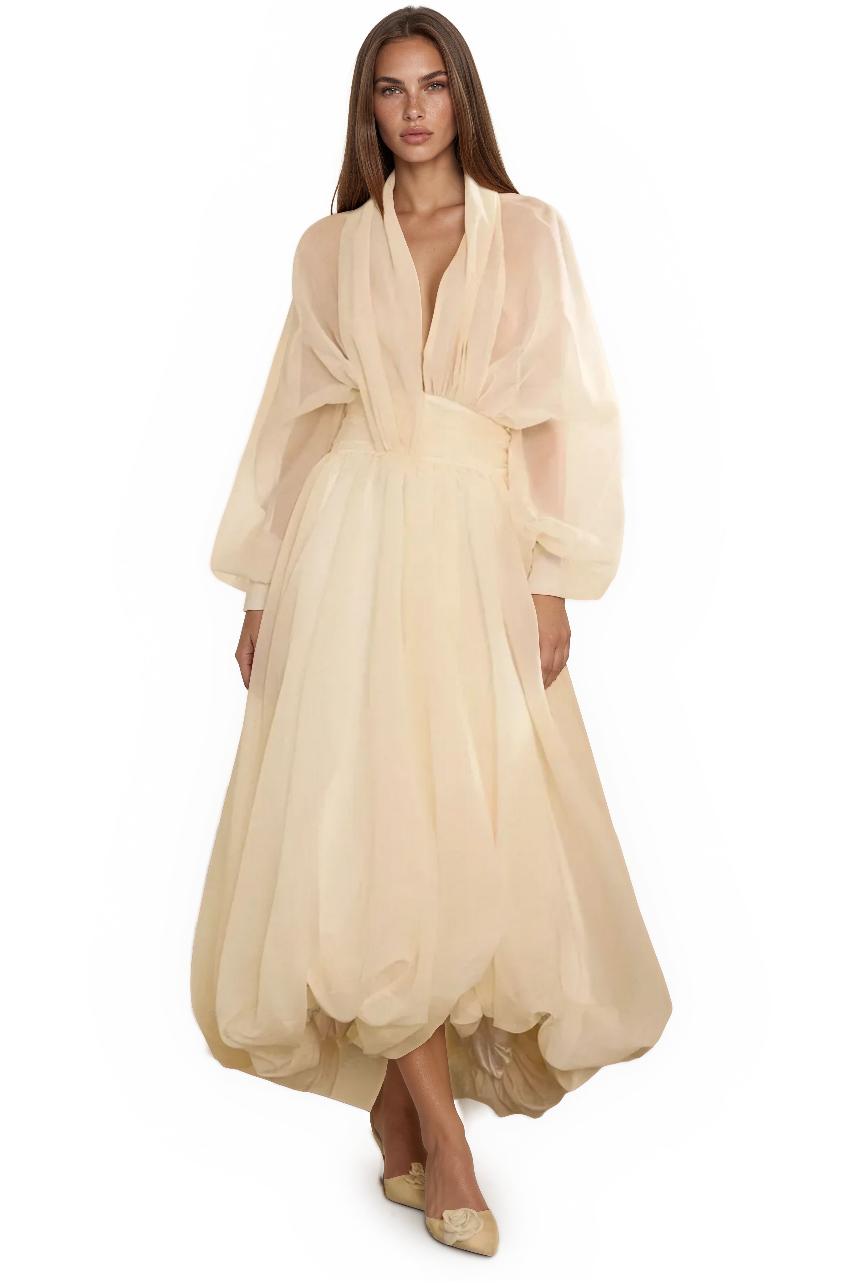 Magali Cream White Draped Tulle Maxi Dress