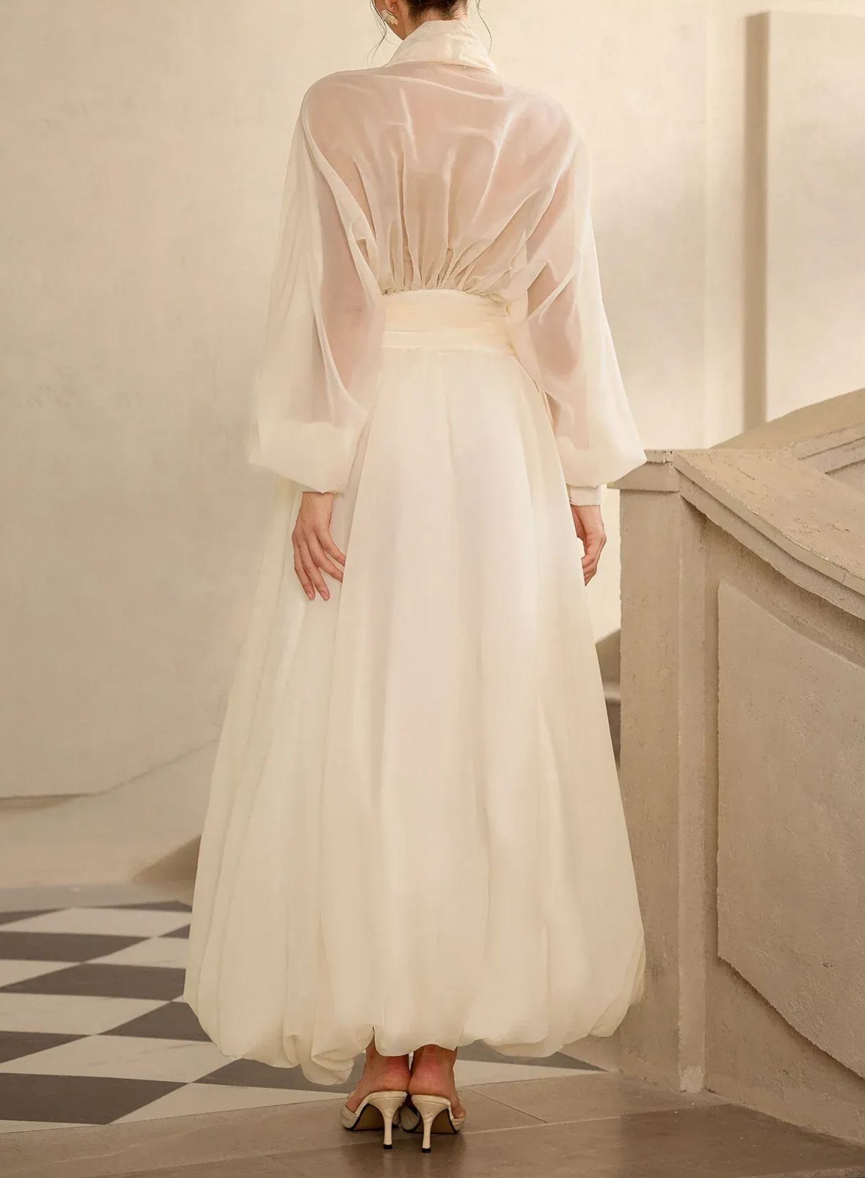 Magali Cream White Draped Tulle Maxi Dress
