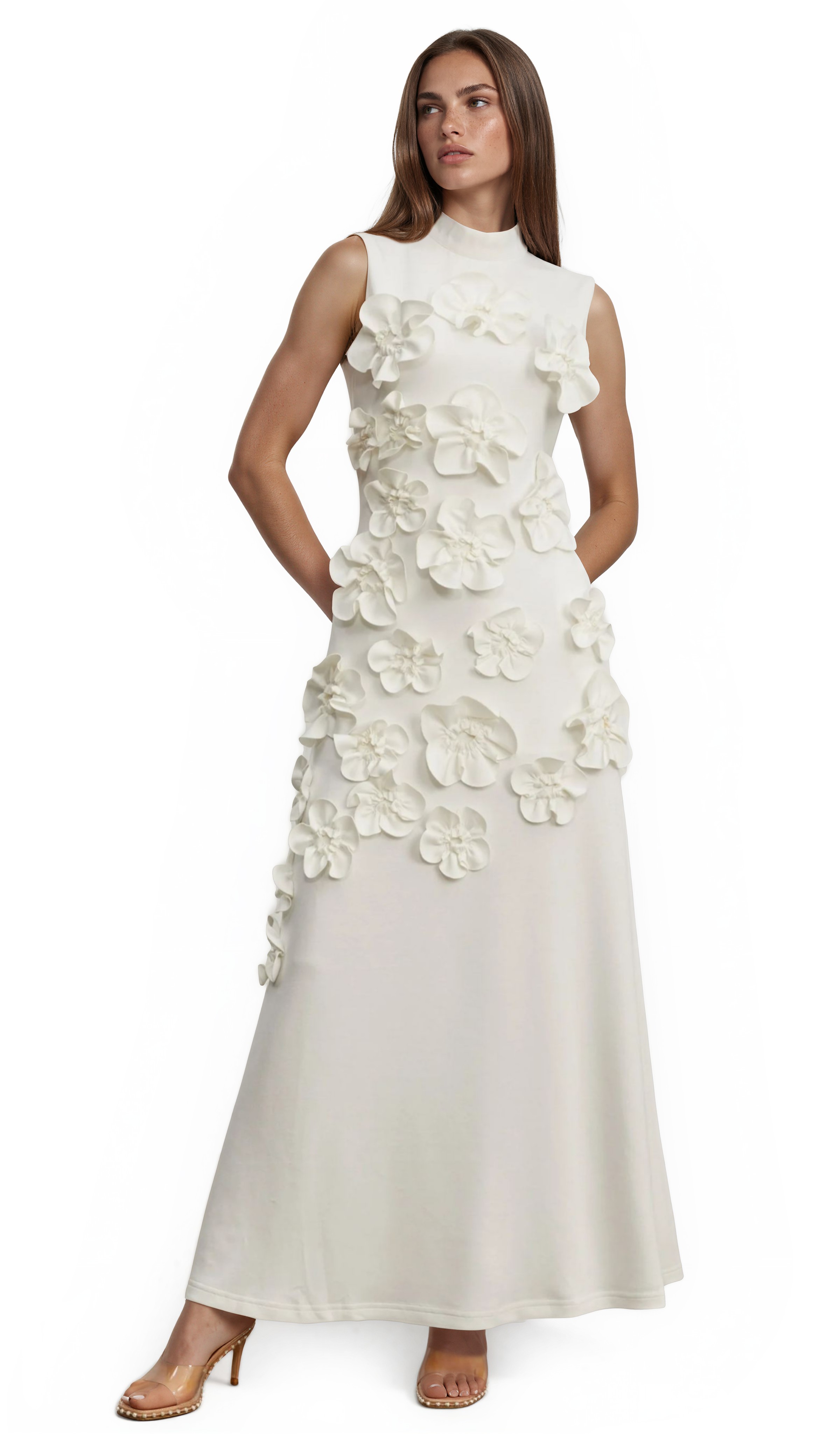 Romane White Sleeveless Maxi Dress with Faux Flower & Bow-Tie Embellishment