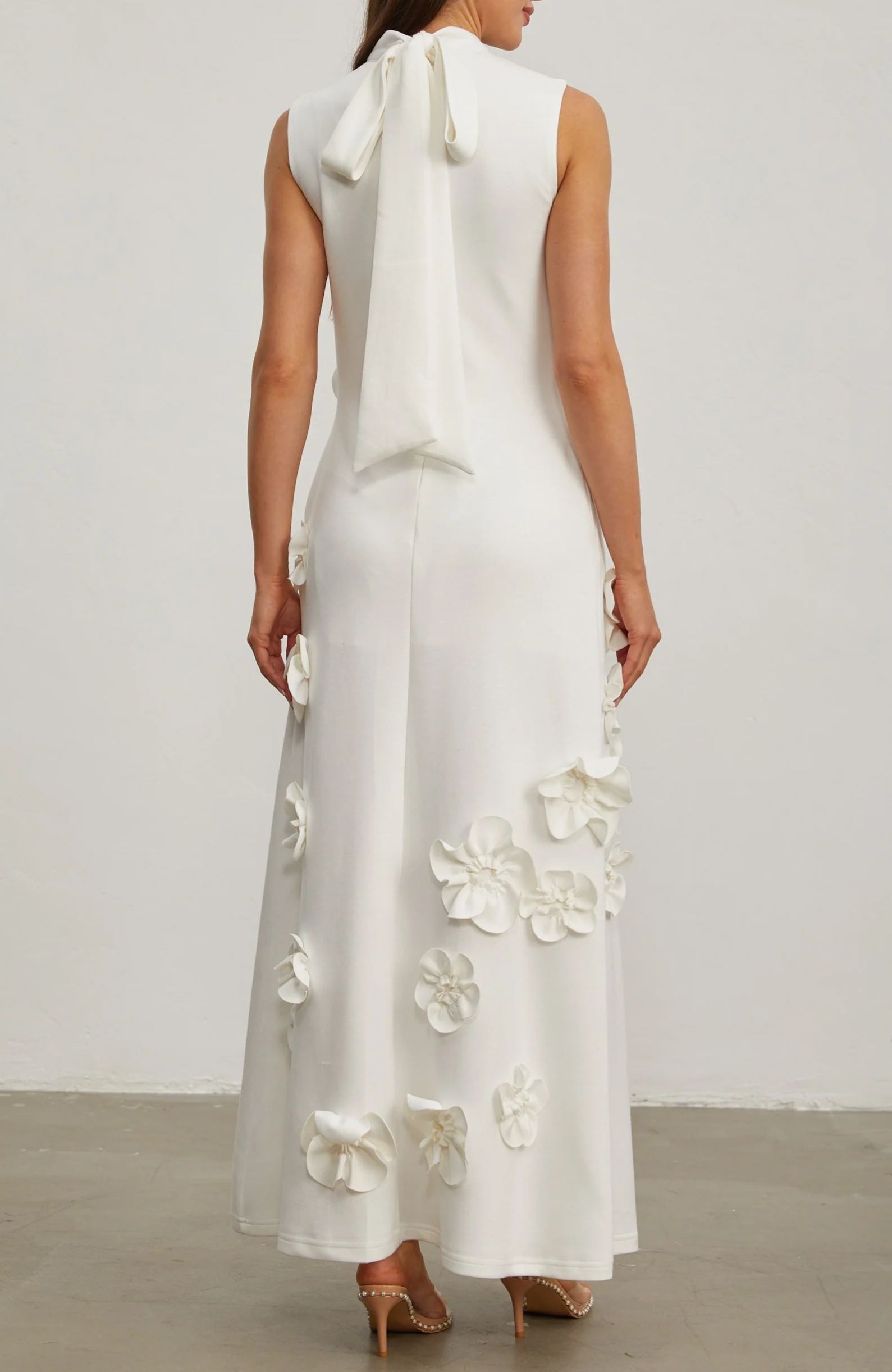 Romane White Sleeveless Maxi Dress with Faux Flower & Bow-Tie Embellishment