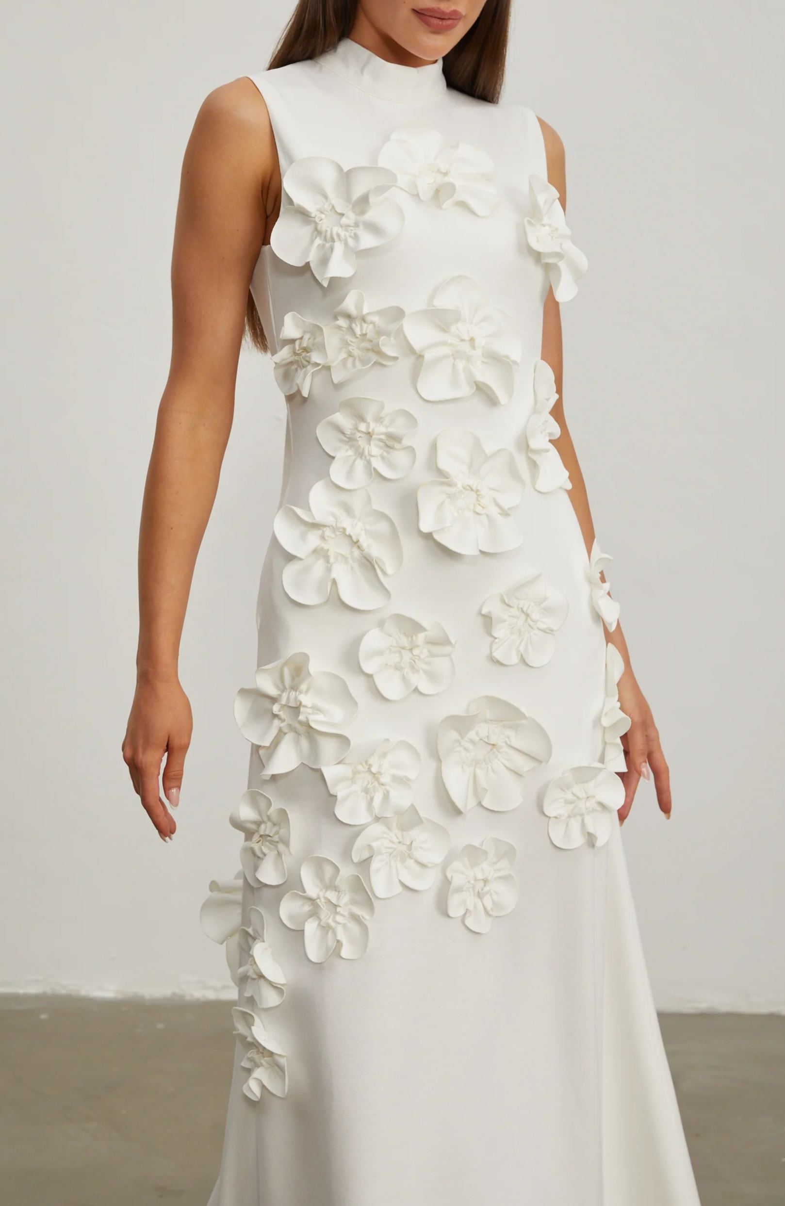 Romane White Sleeveless Maxi Dress with Faux Flower & Bow-Tie Embellishment