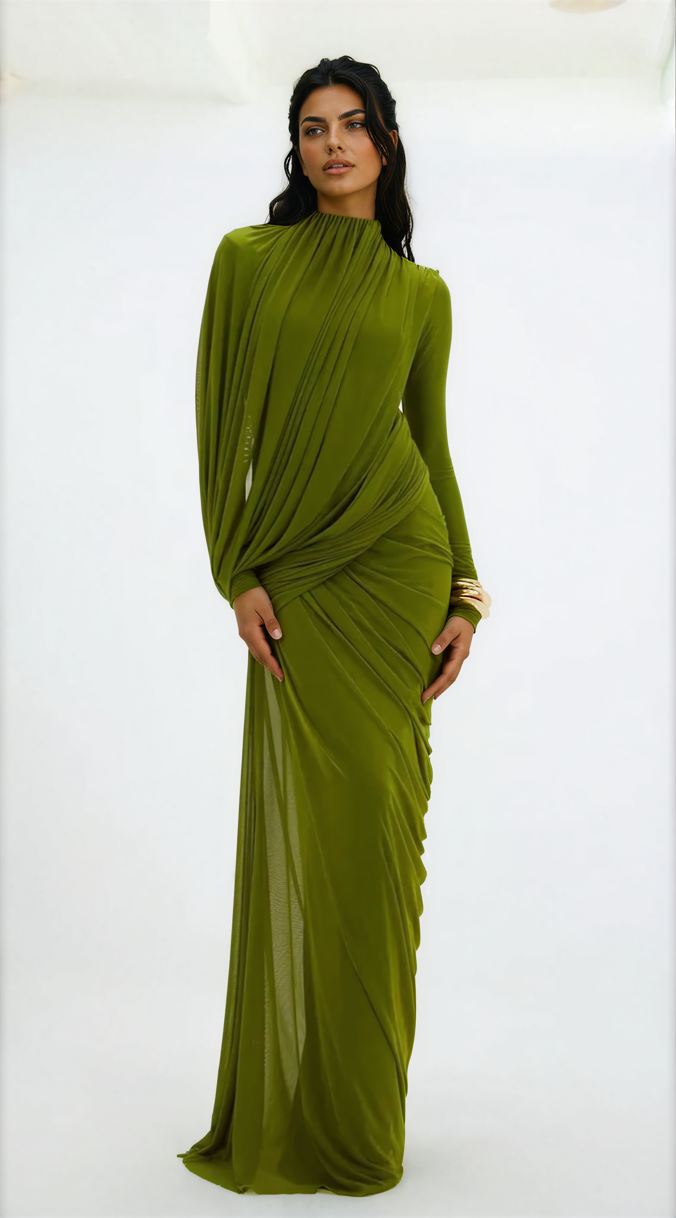 Osanne Green Asymmetrical Ruched Maxi Dress