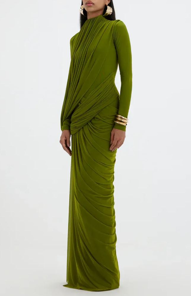 Osanne Green Asymmetrical Ruched Maxi Dress