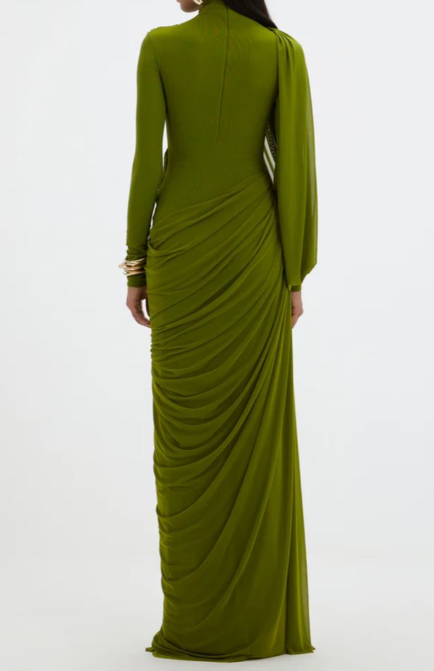 Osanne Green Asymmetrical Ruched Maxi Dress