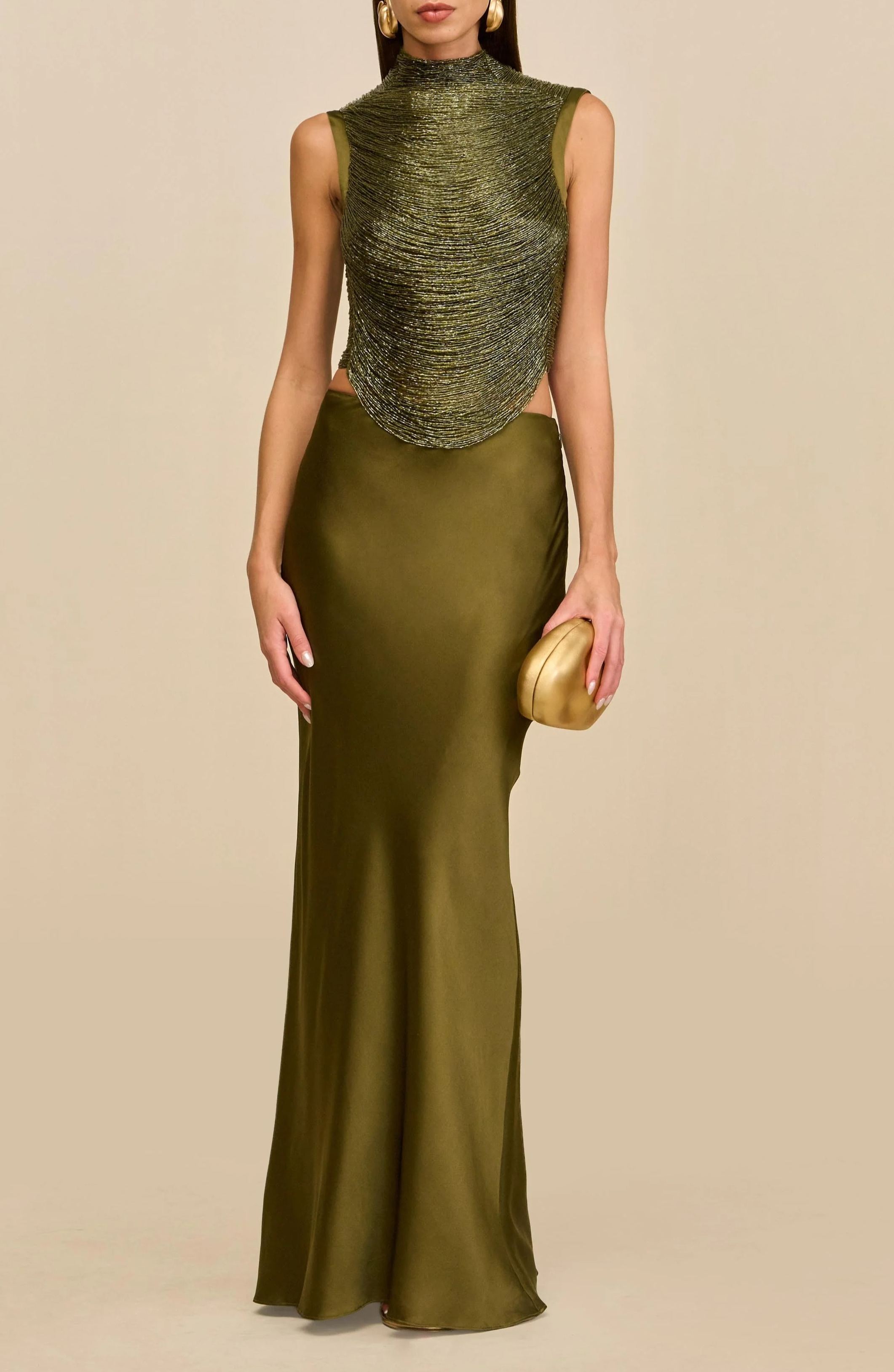 Quitterie Green Fringed Top & Satin Skirt Set