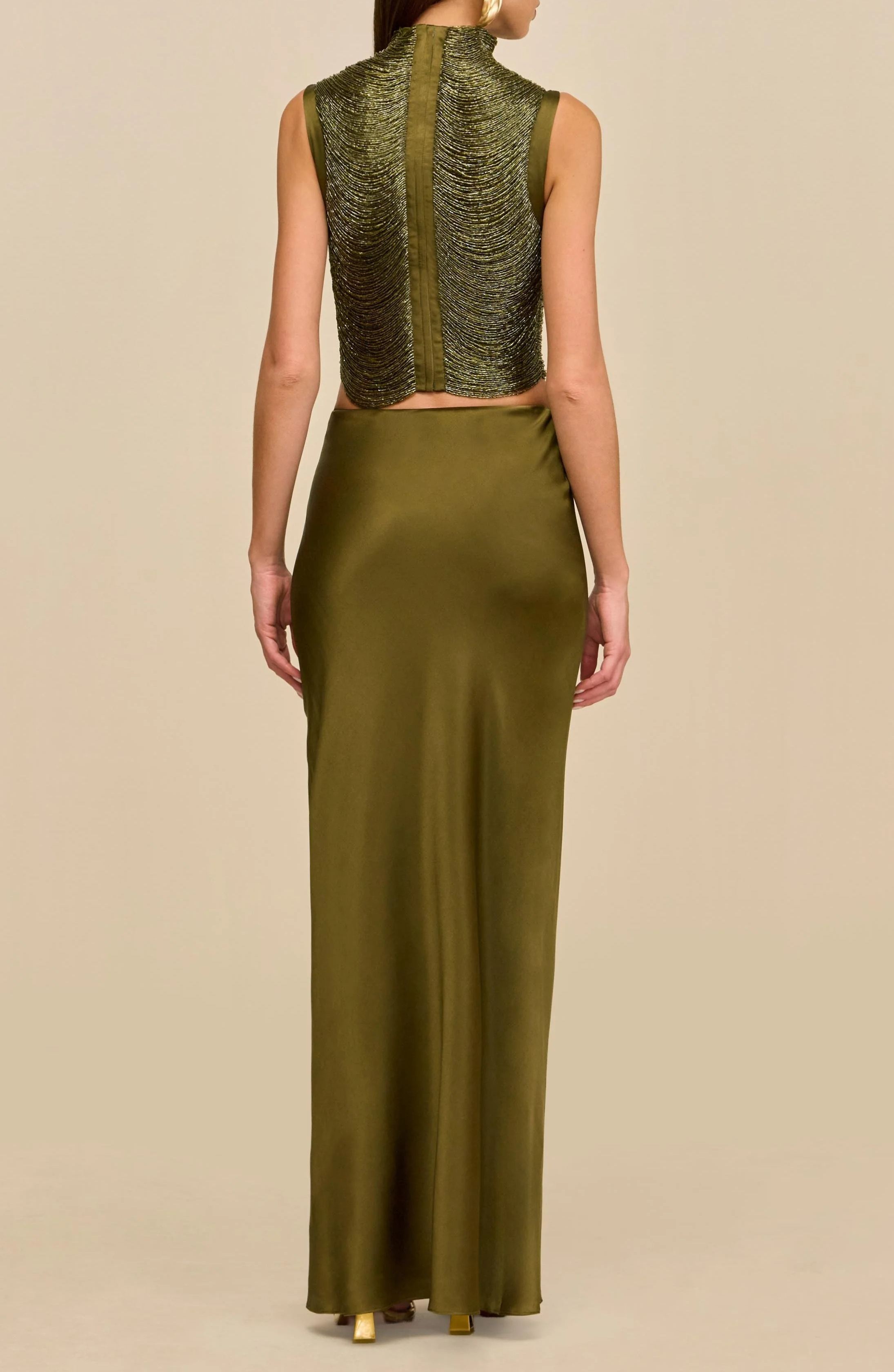 Quitterie Green Fringed Top & Satin Skirt Set