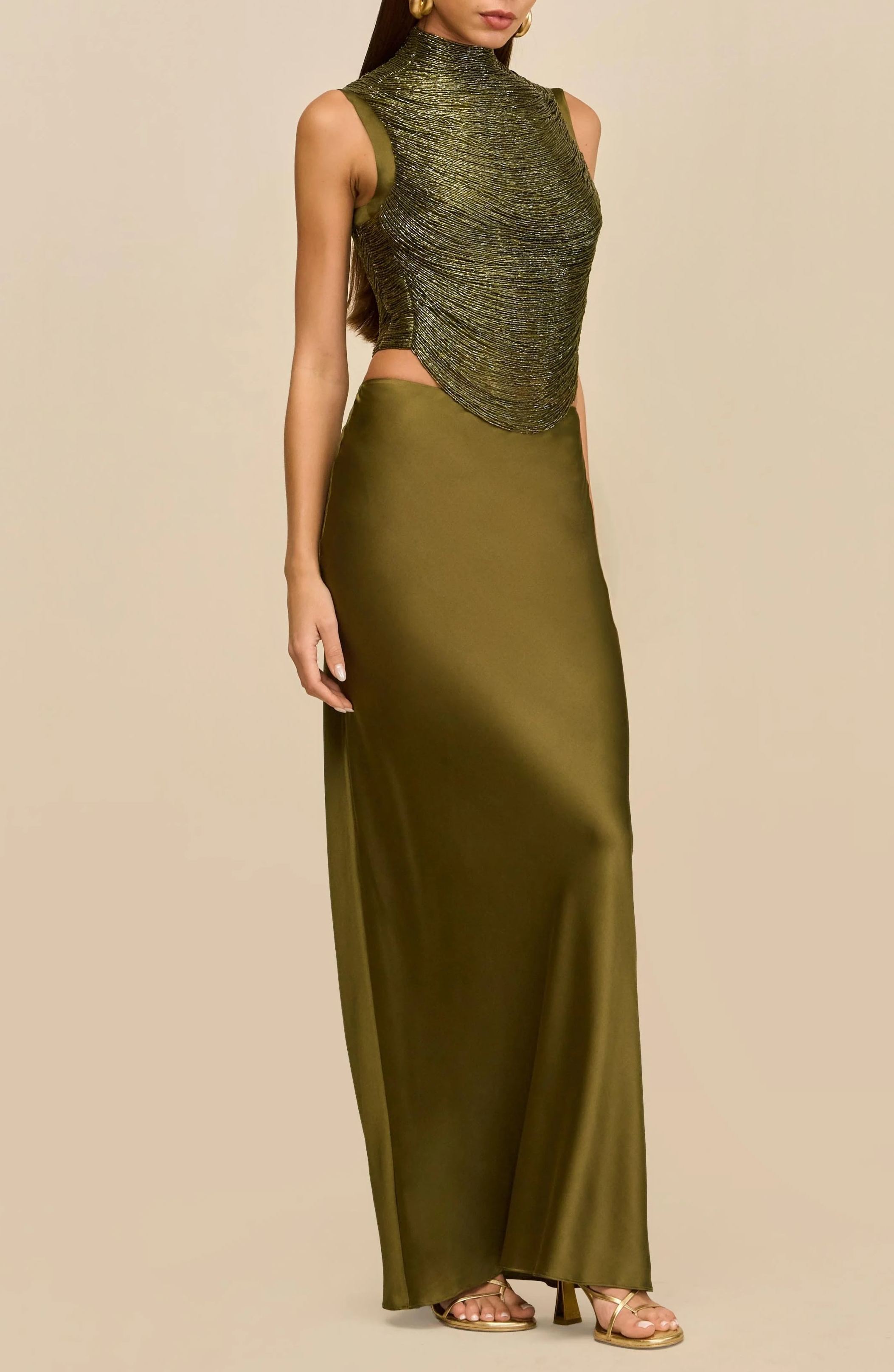 Quitterie Green Fringed Top & Satin Skirt Set