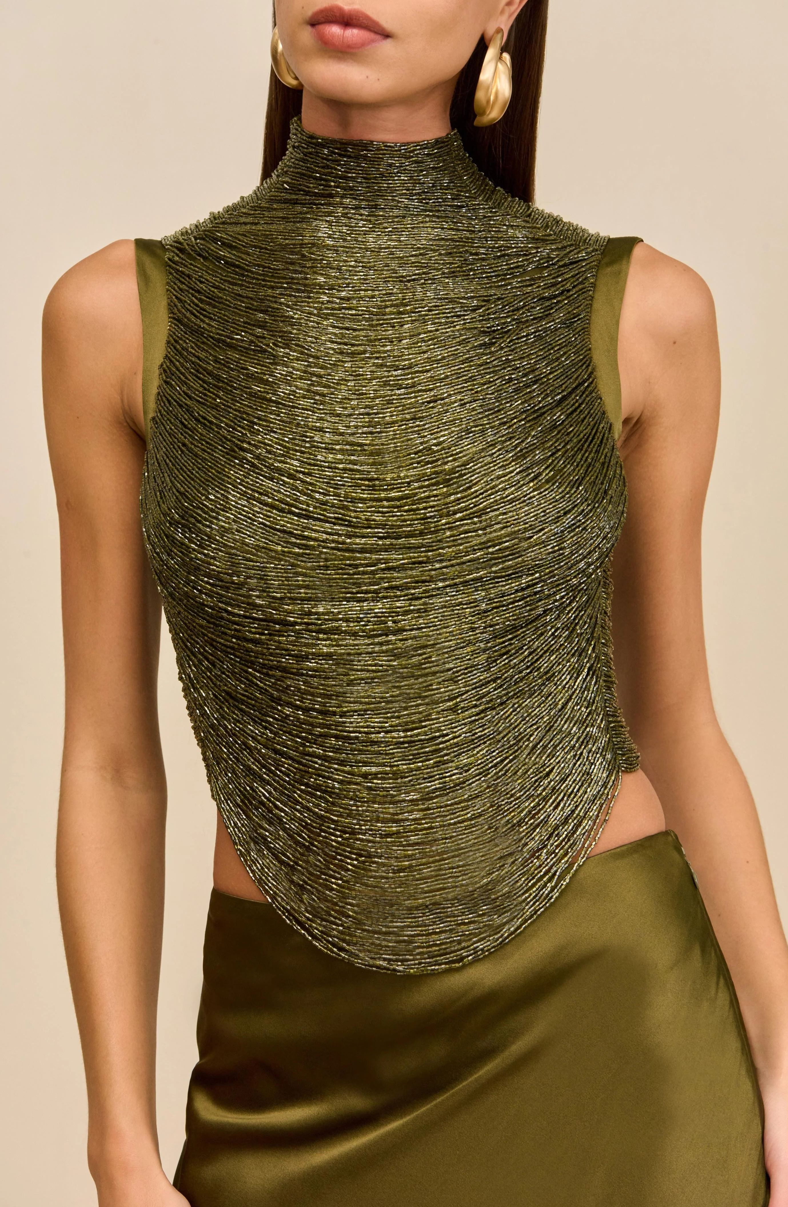 Quitterie Green Fringed Top & Satin Skirt Set