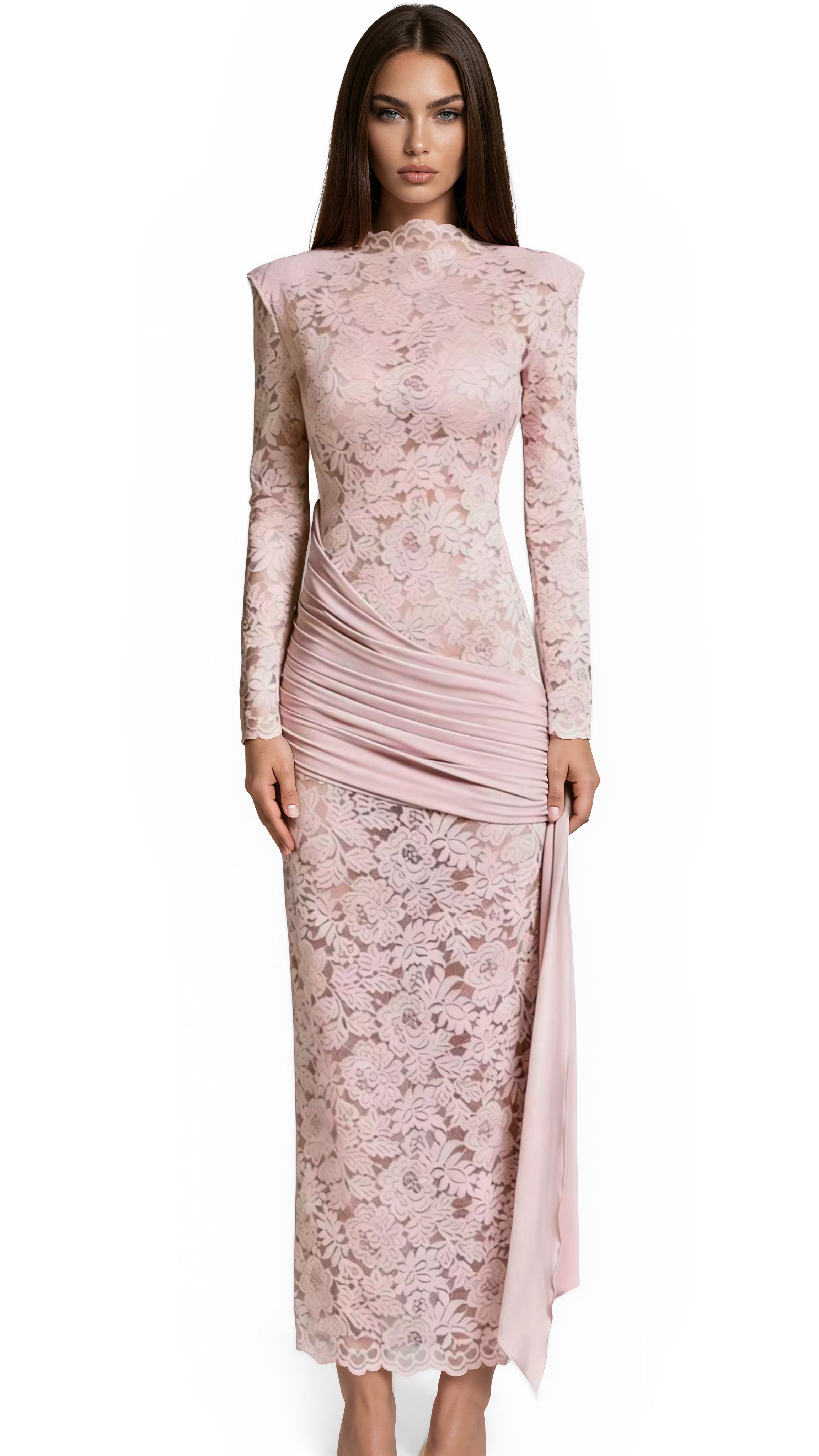Raine Pink Ribbon Detail Floral Lace Midi Dress