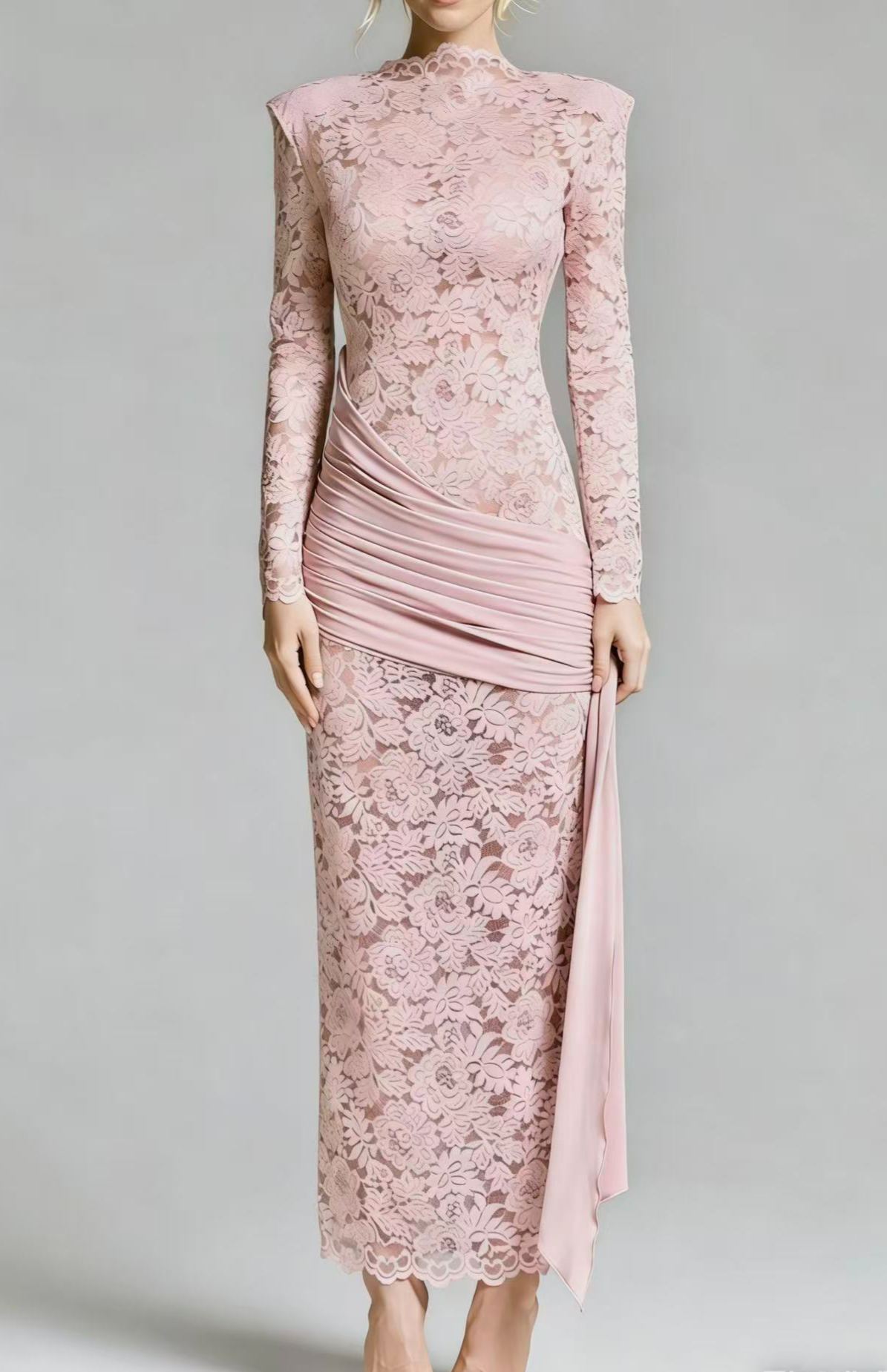 Raine Pink Ribbon Detail Floral Lace Midi Dress