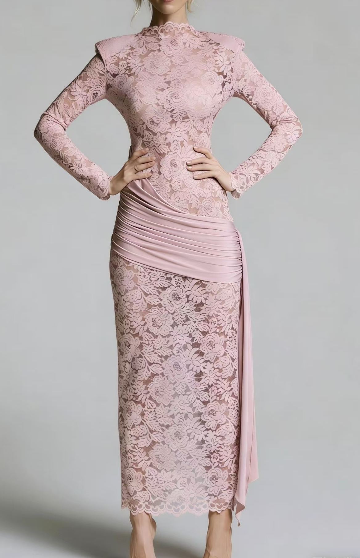 Raine Pink Ribbon Detail Floral Lace Midi Dress