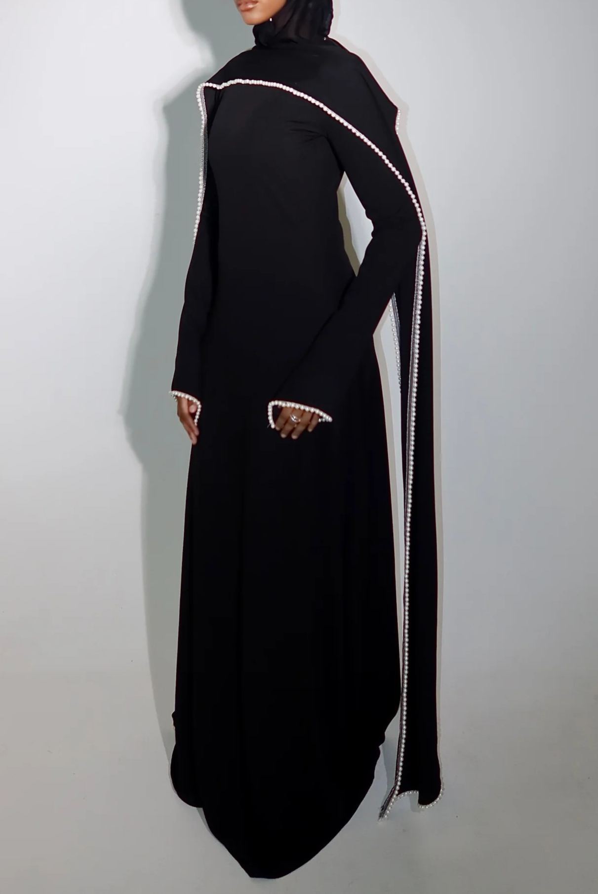 Seraphina Black Pearl Trim Shawl Detail Maxi Dress