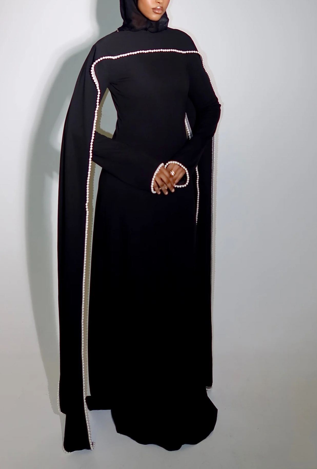 Seraphina Black Pearl Trim Shawl Detail Maxi Dress