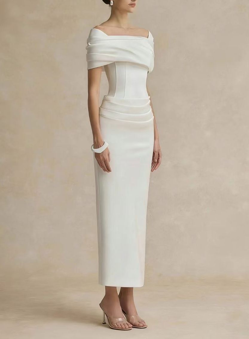 Automne White Draped Midi Dress