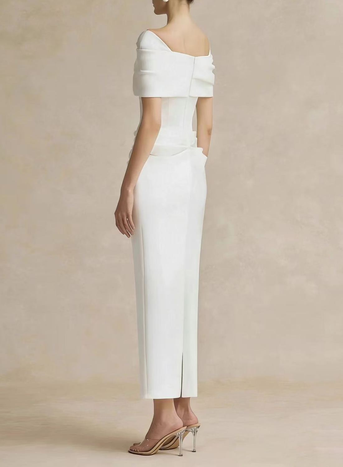 Automne White Draped Midi Dress