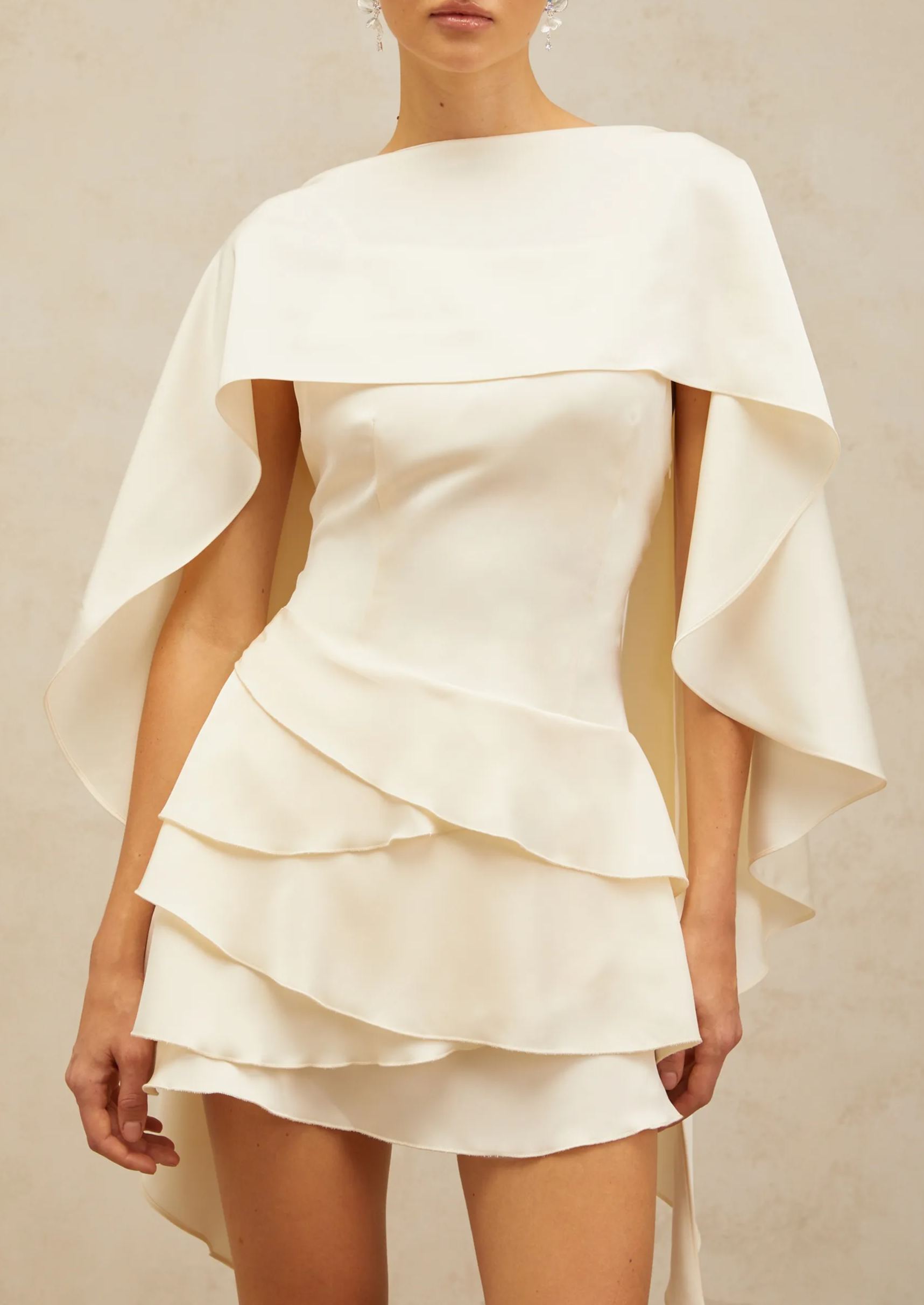 Automne White Satin Ruffled Mini Dress with Shawl Panel Detail
