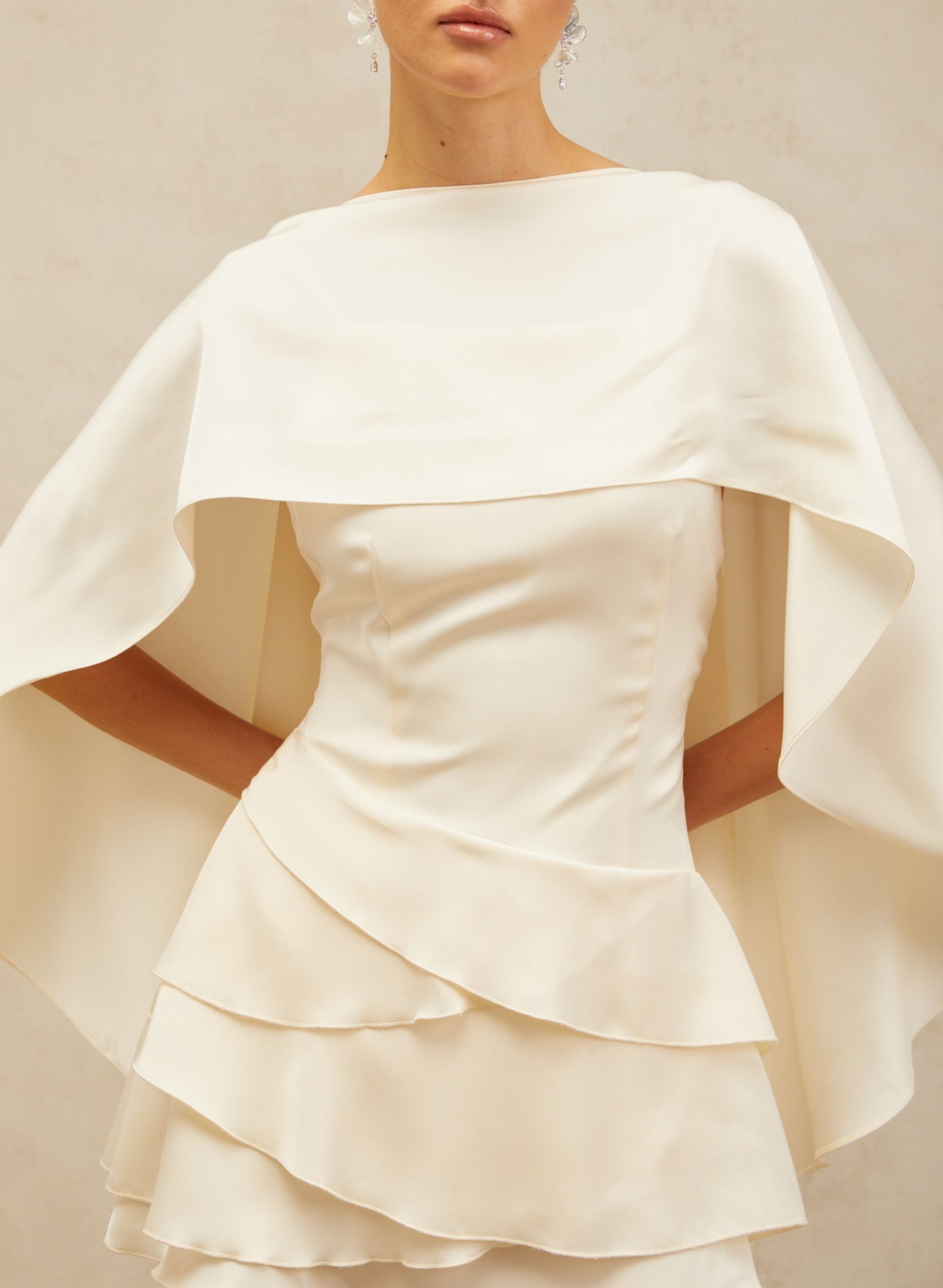 Automne White Satin Ruffled Mini Dress with Shawl Panel Detail