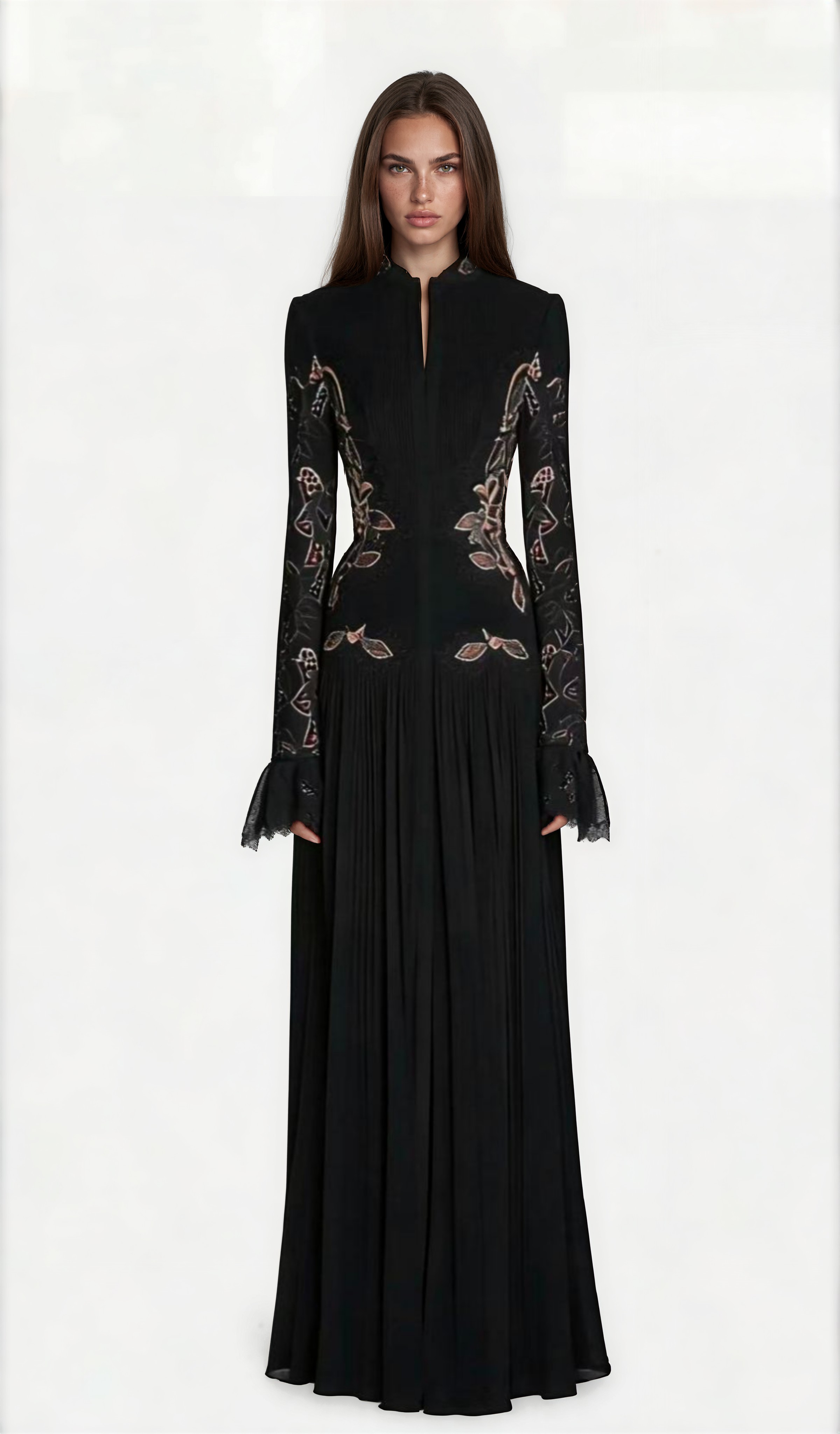 Saffron Black Lace Panel Pleated Midi Dress