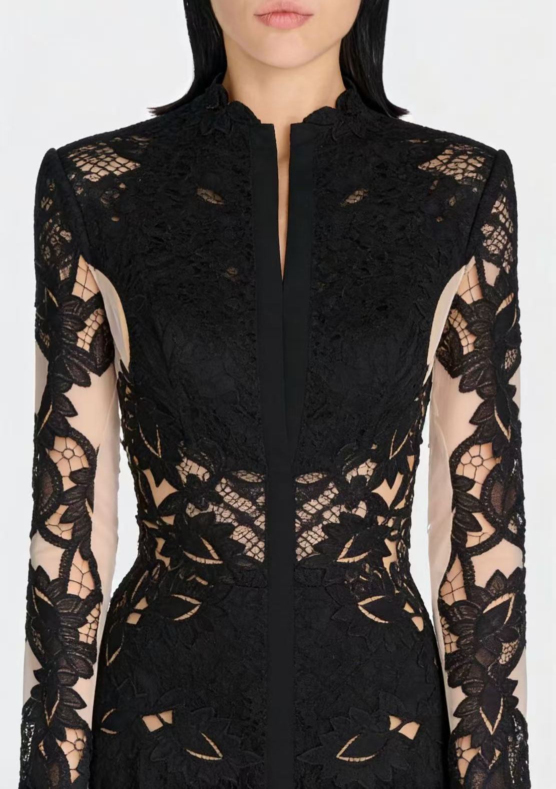 Saffron Black Lace Panel Pleated Midi Dress