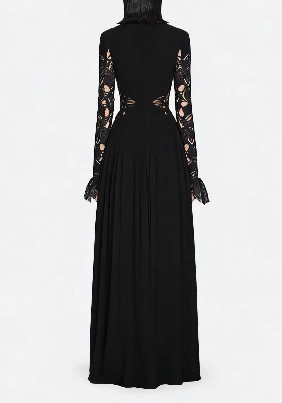 Saffron Black Lace Panel Pleated Midi Dress