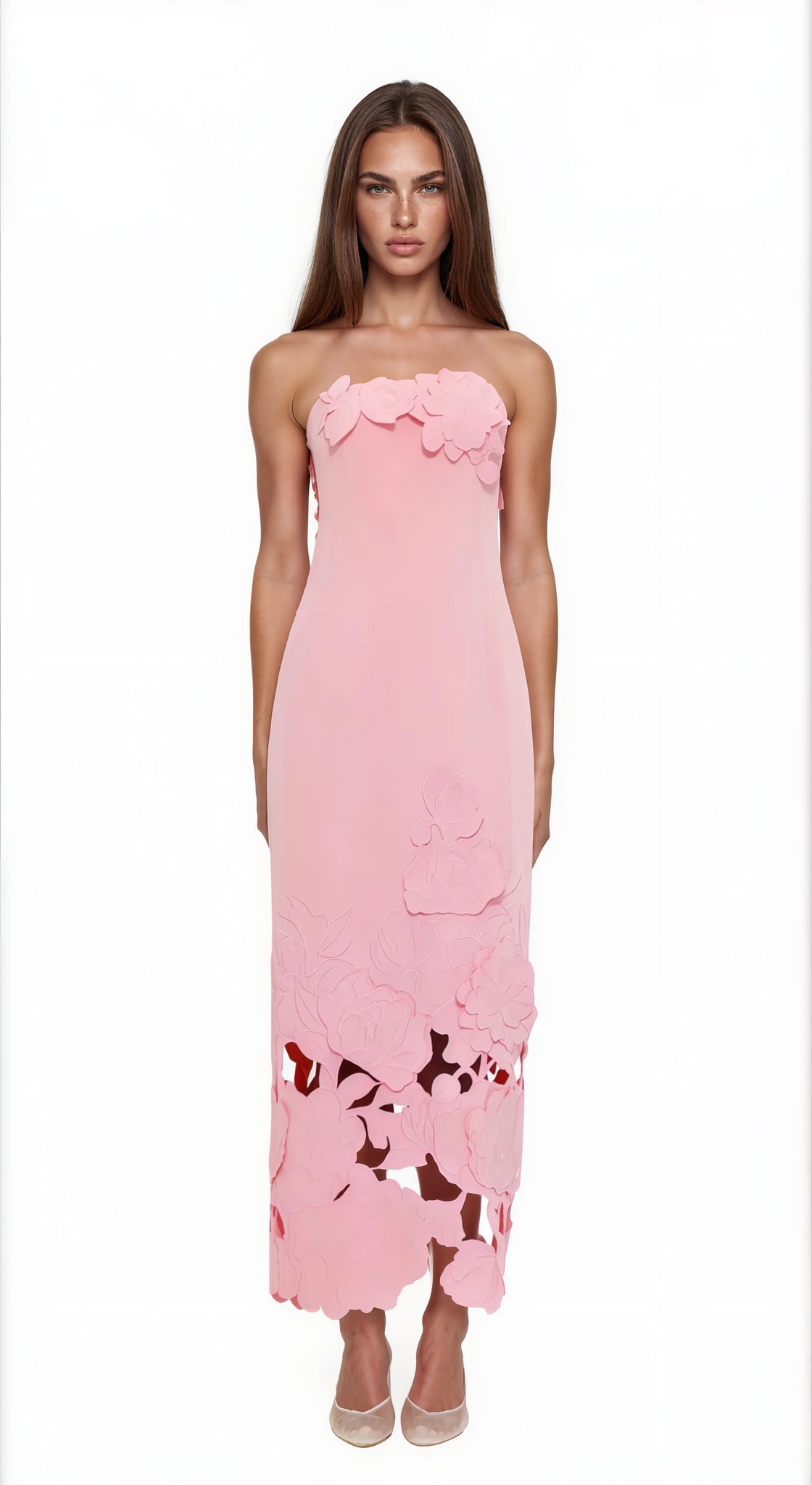 Ariza Pink Strapless Floral Embroidered Maxi Dress