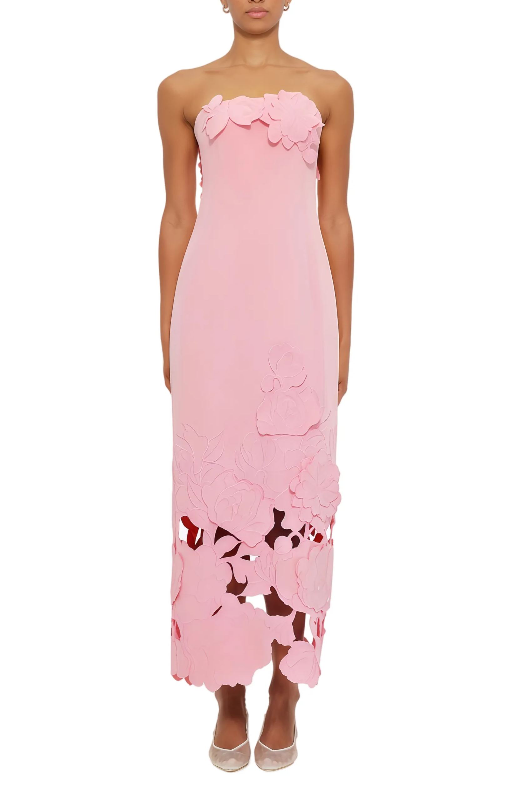 Ariza Pink Strapless Floral Embroidered Maxi Dress