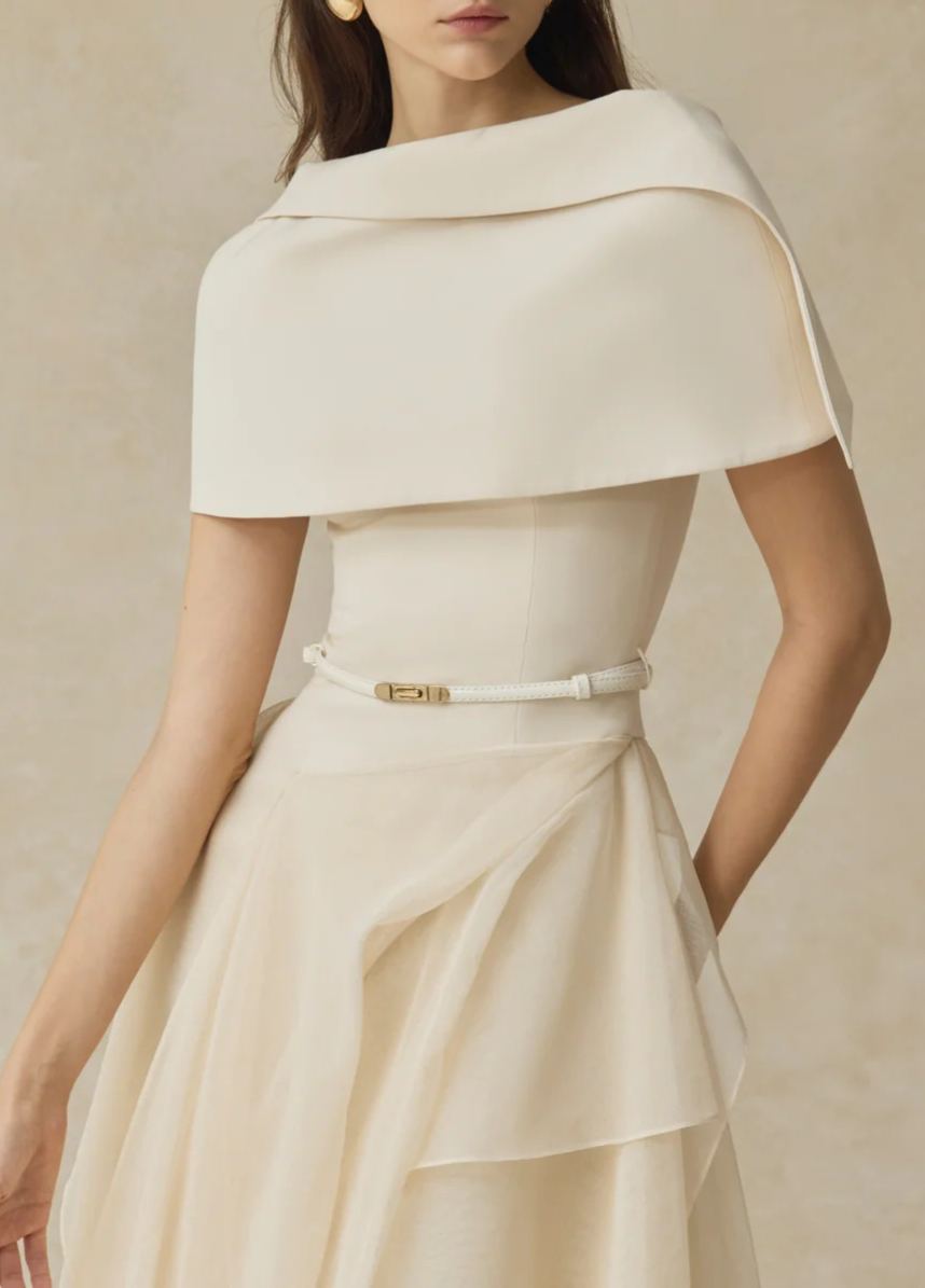 Inga White Asymmetrical Shawl & Tulle Panel Dress Set