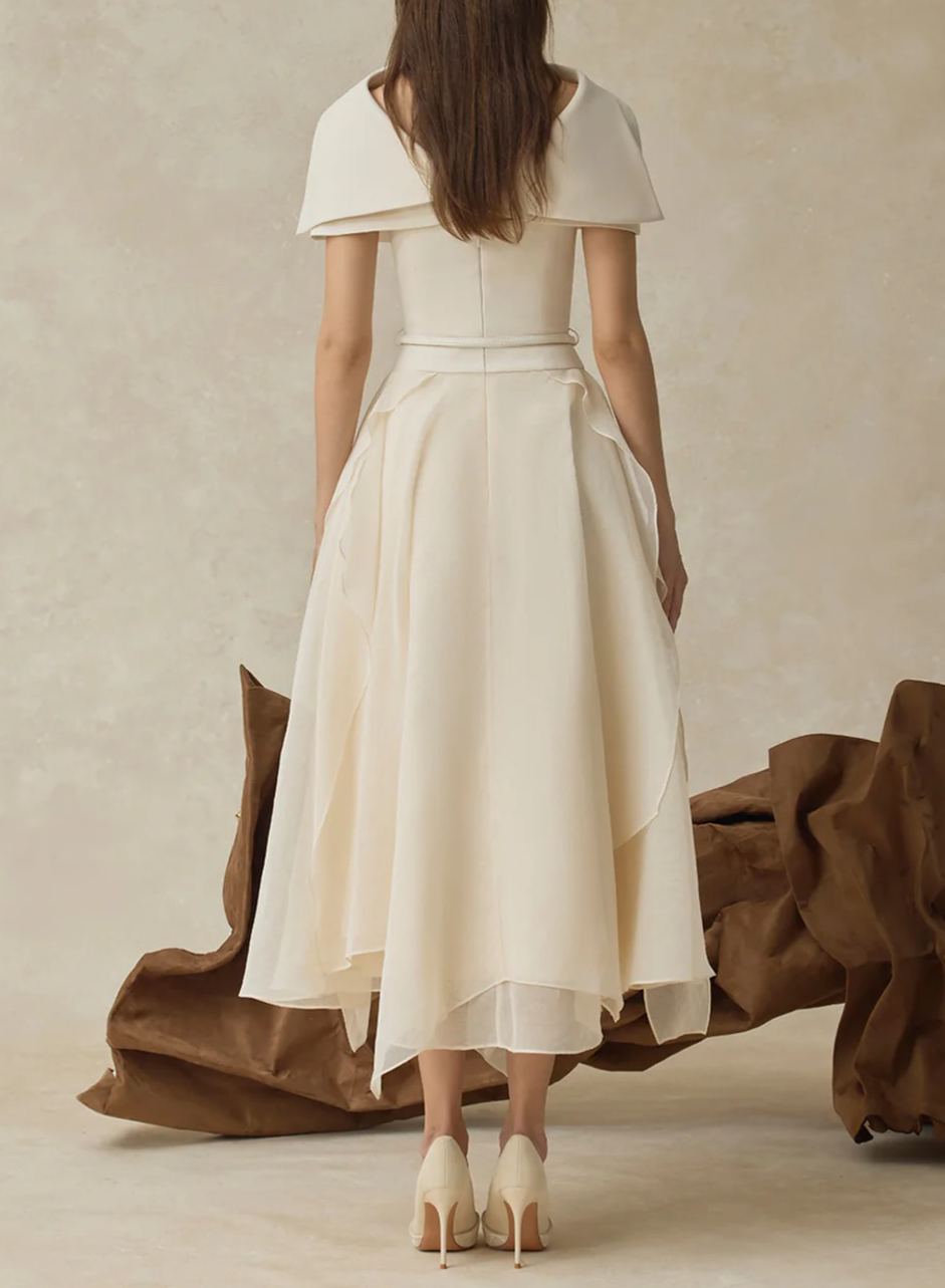 Inga White Asymmetrical Shawl & Tulle Panel Dress Set