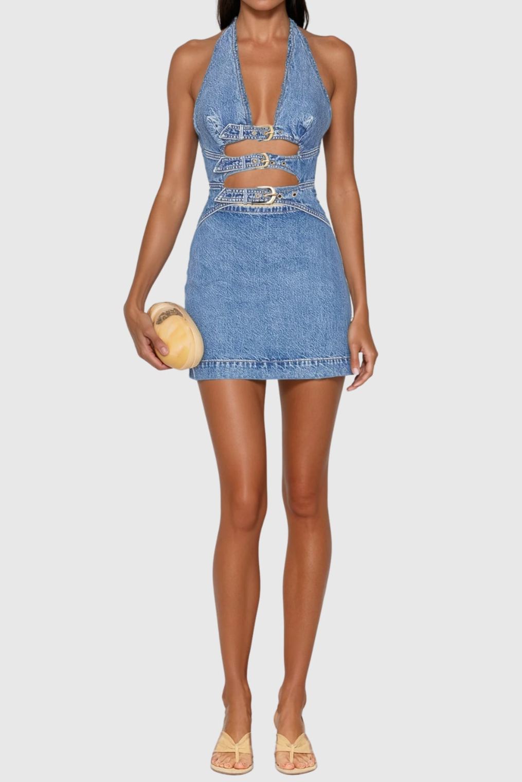 Donaldina Halter Neck Cutout Buckle Denim Mini Dress