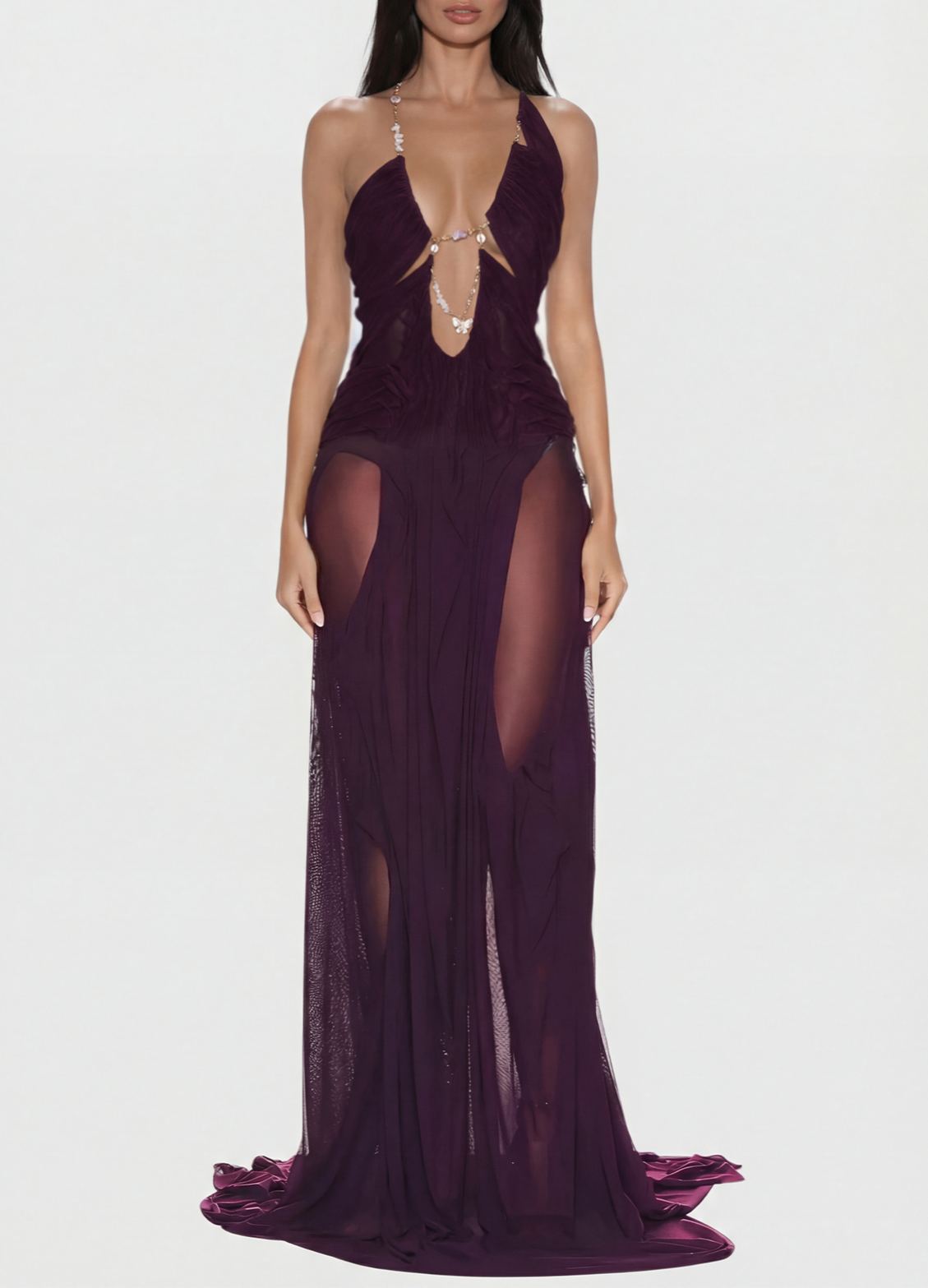 Dermot Plunge Chain Asymmetric Maxi Dress In Deep Purple