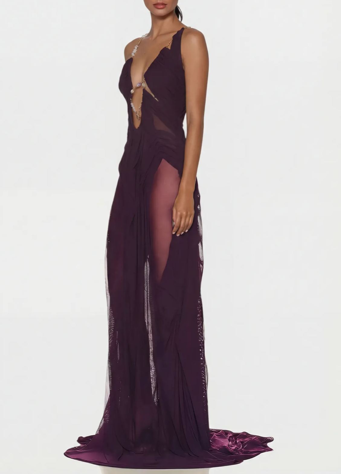 Dermot Plunge Chain Asymmetric Maxi Dress In Deep Purple