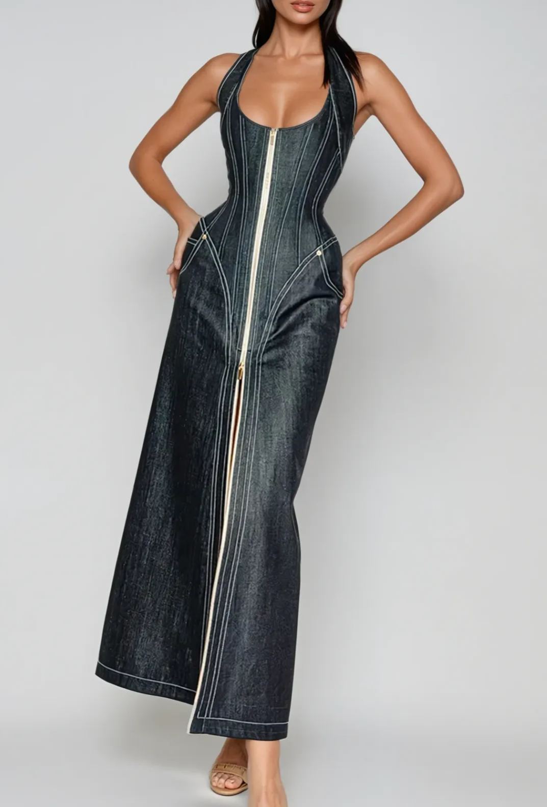 Bidelia Halter Neck Corset Denim Maxi Dress