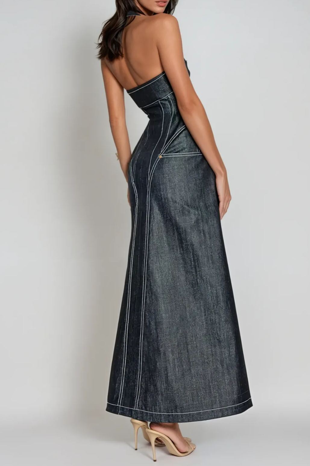 Bidelia Halter Neck Corset Denim Maxi Dress