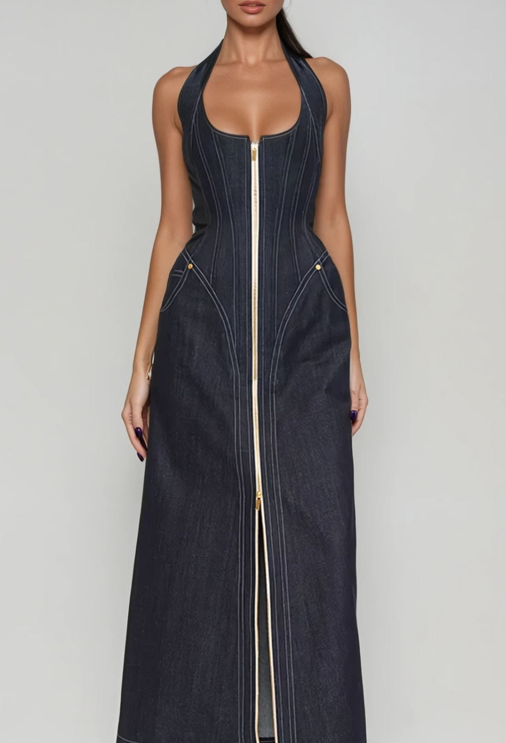 Bidelia Halter Neck Corset Denim Maxi Dress