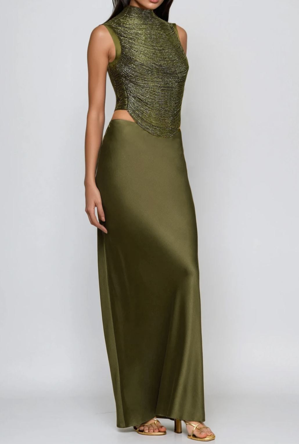Ferdous Fringe Satin Skirt Set In Olive