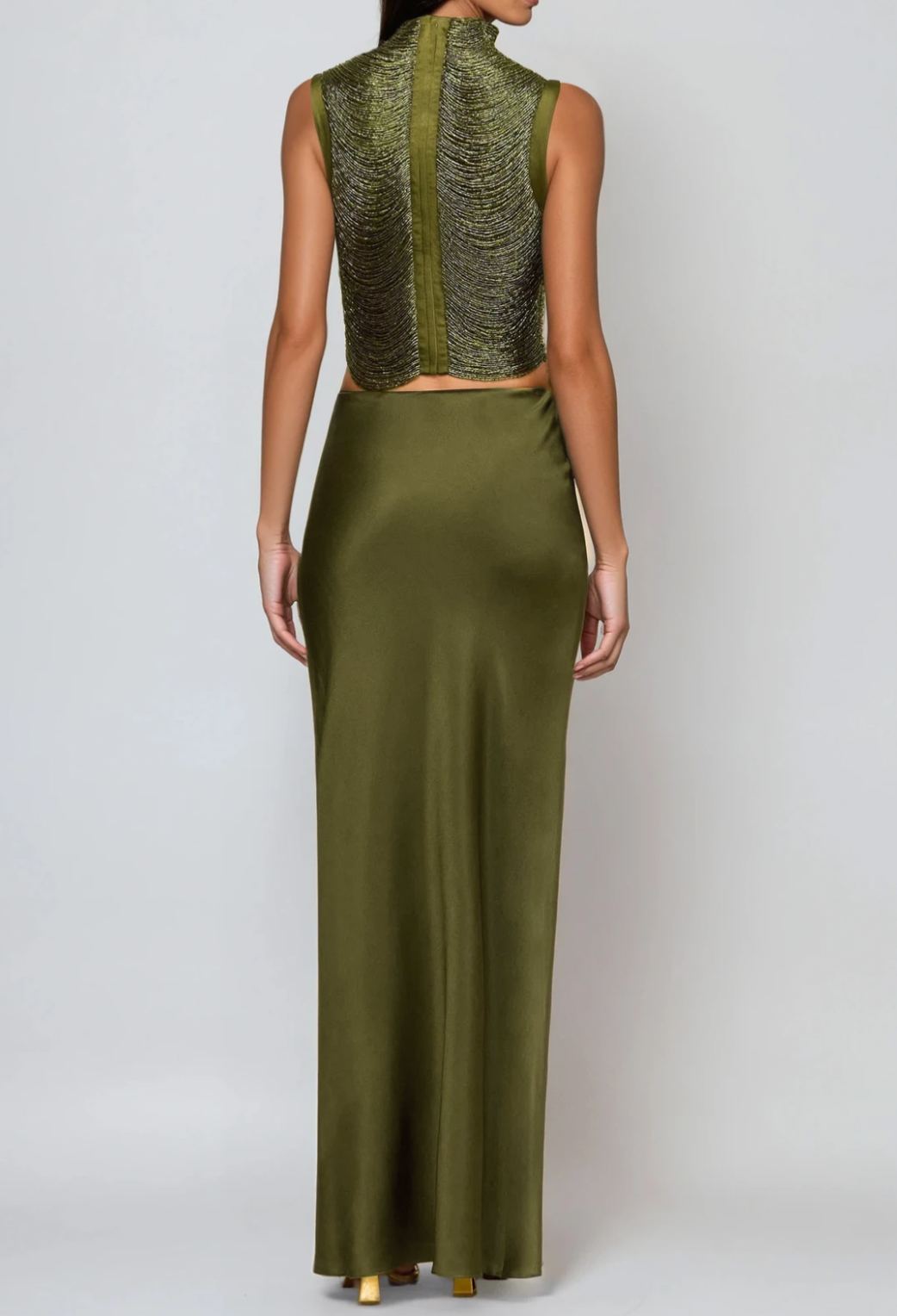 Ferdous Fringe Satin Skirt Set In Olive