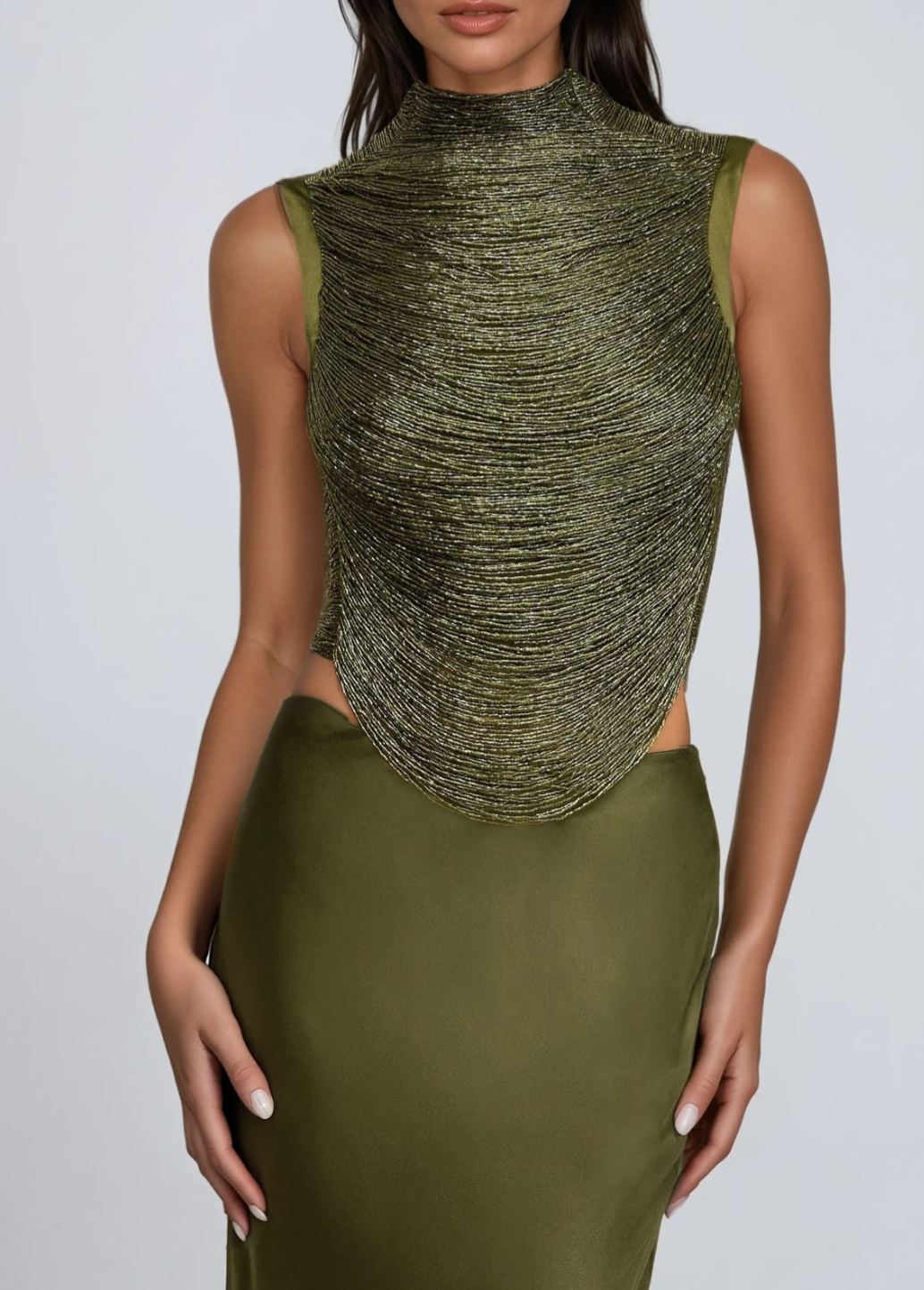 Ferdous Fringe Satin Skirt Set In Olive