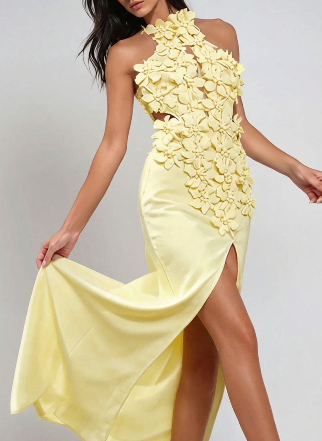Felix Halter Neck Flower Split Maxi Dress In Yellow