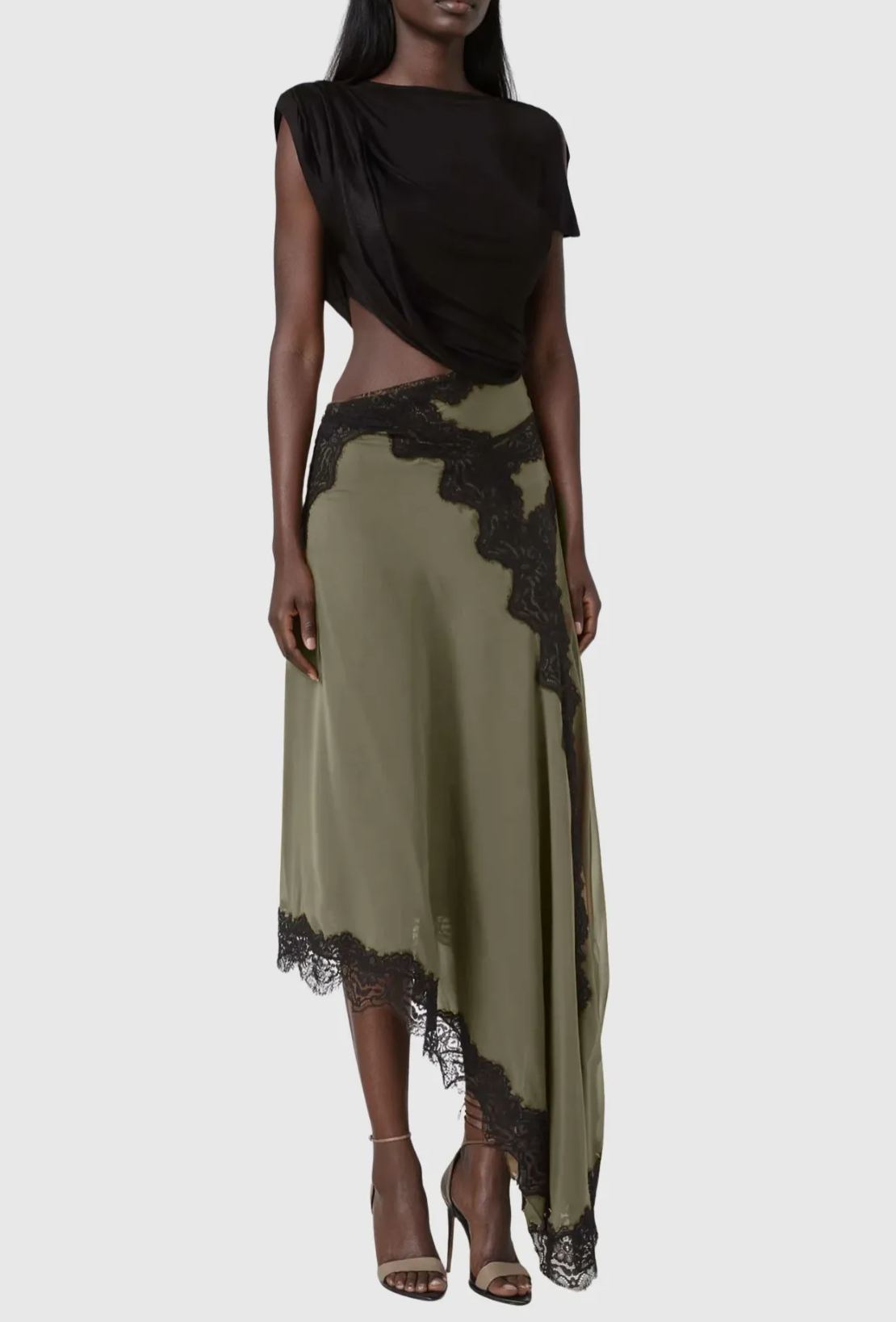 Diodore Asymmetric Lace Satin Maxi Dress