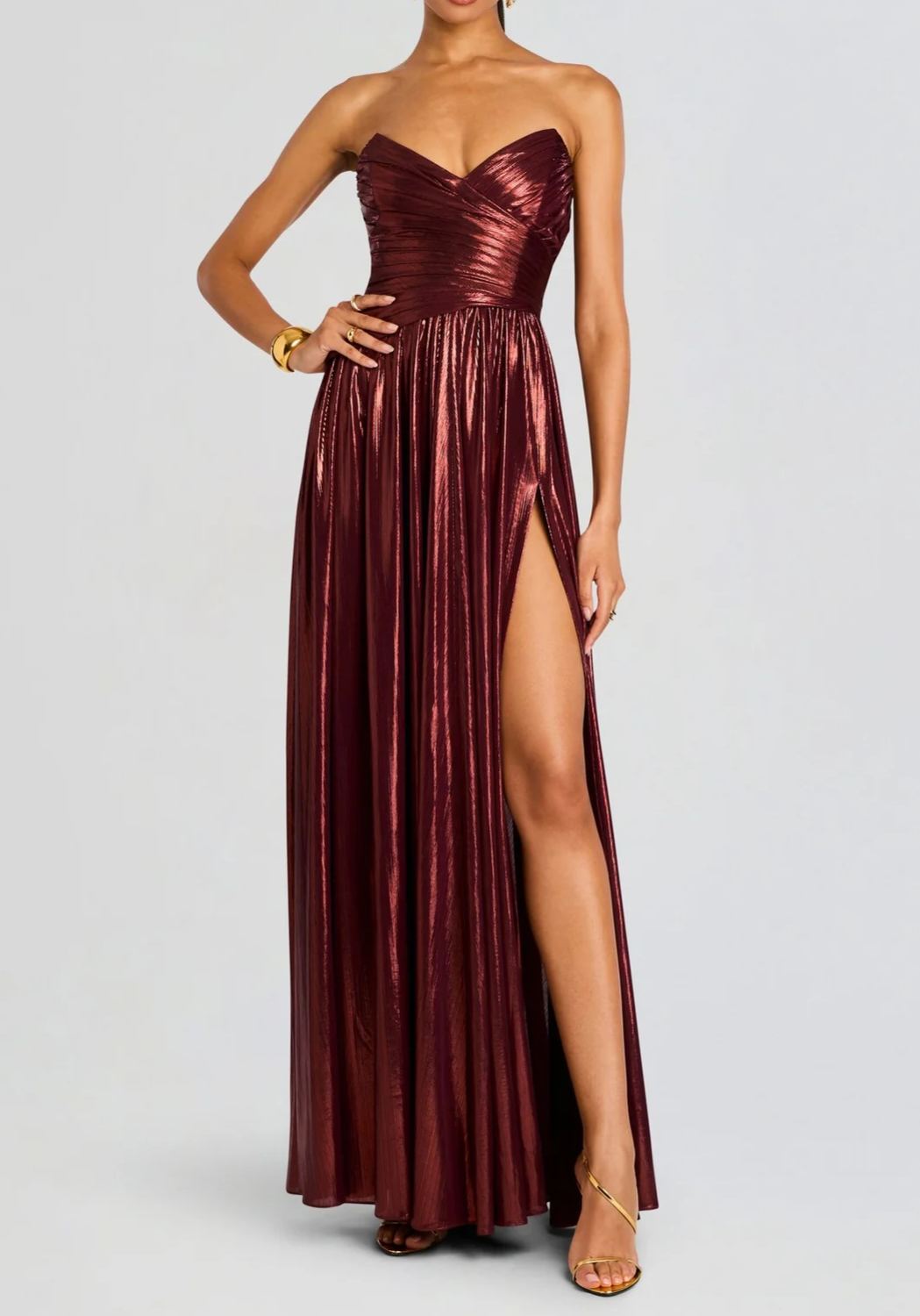 Okapi Strapless Pleated Metallic Maxi Dress