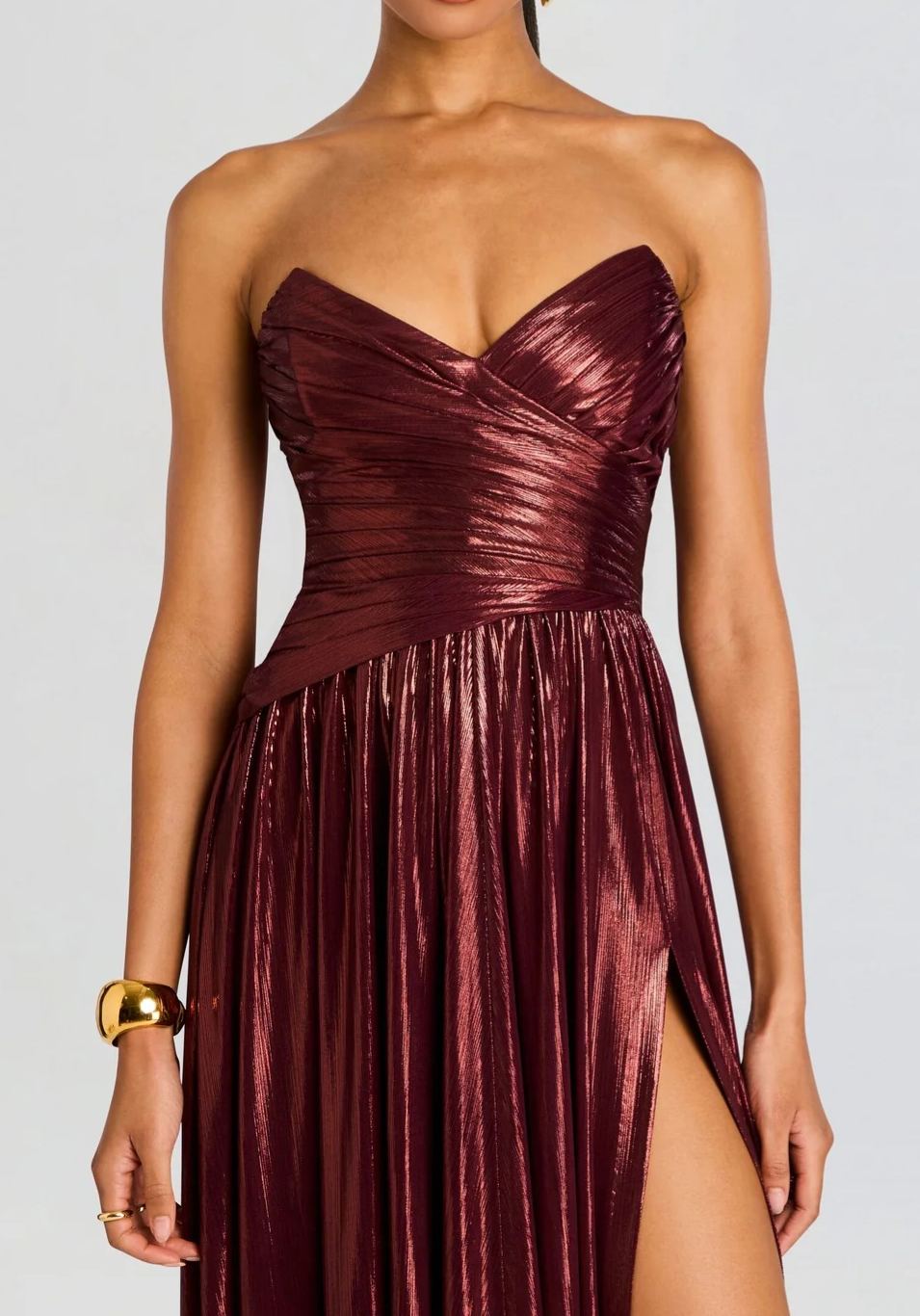 Okapi Strapless Pleated Metallic Maxi Dress