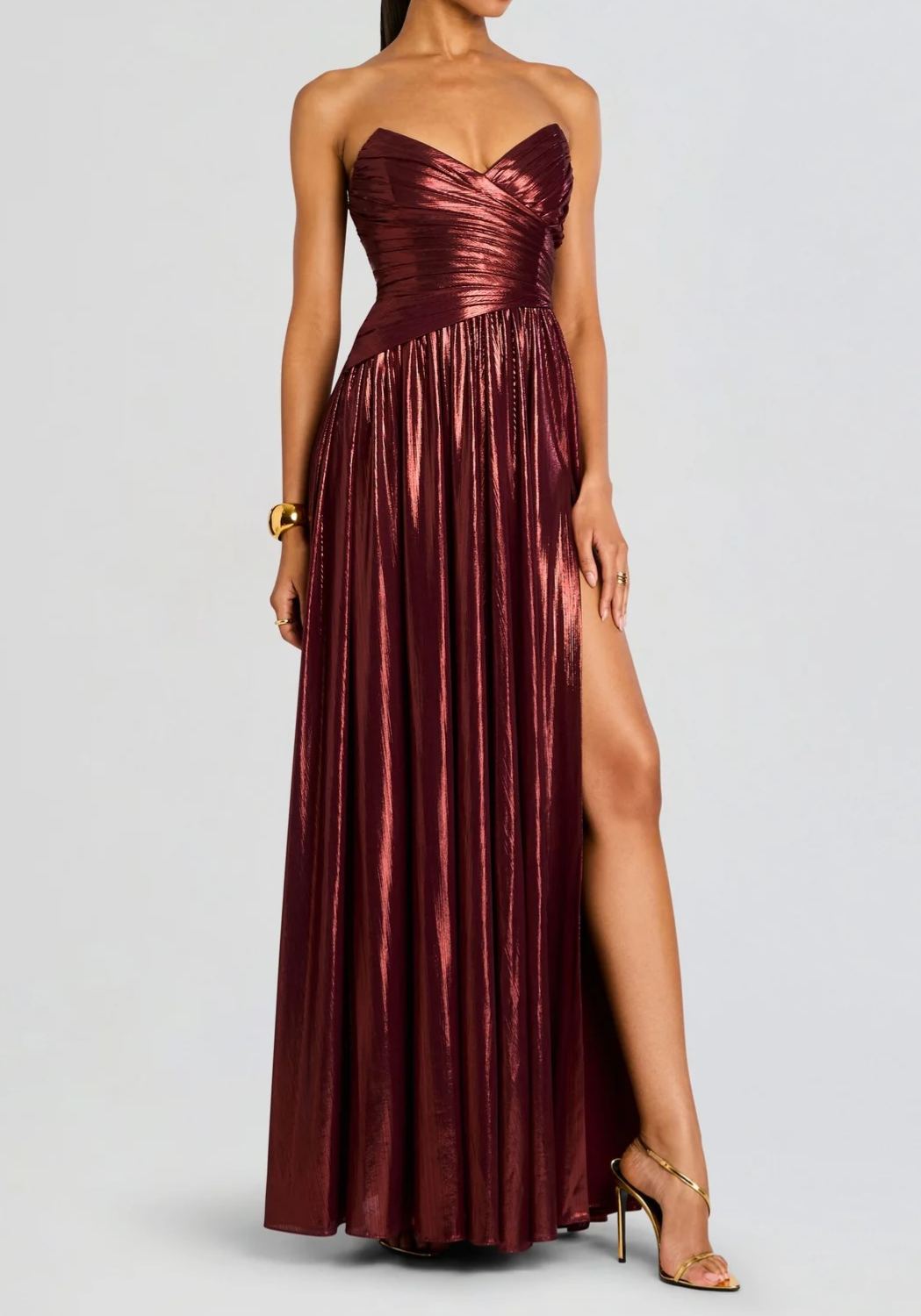Okapi Strapless Pleated Metallic Maxi Dress
