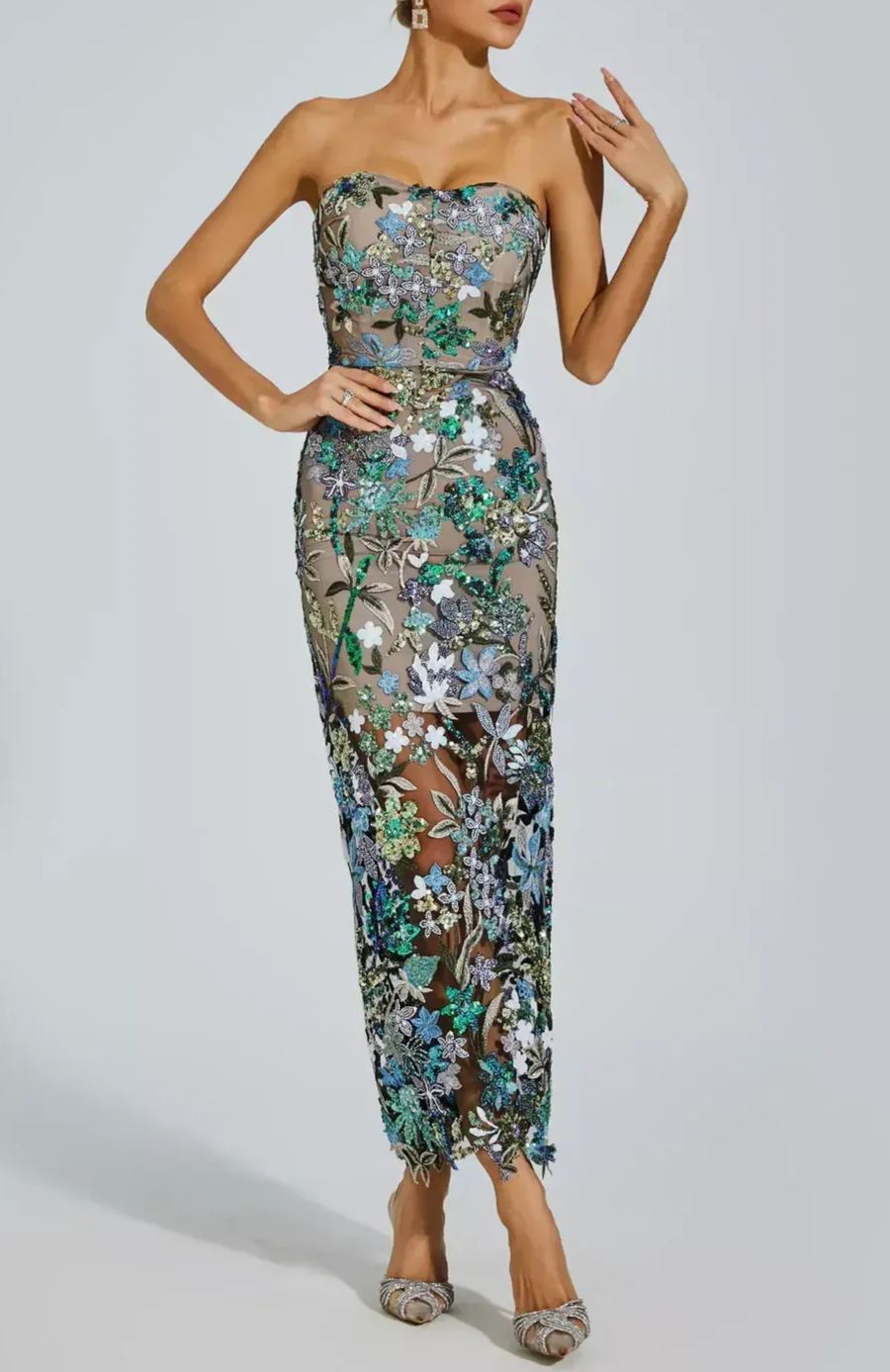 Cindara Flower Embroidered Sequin Dress