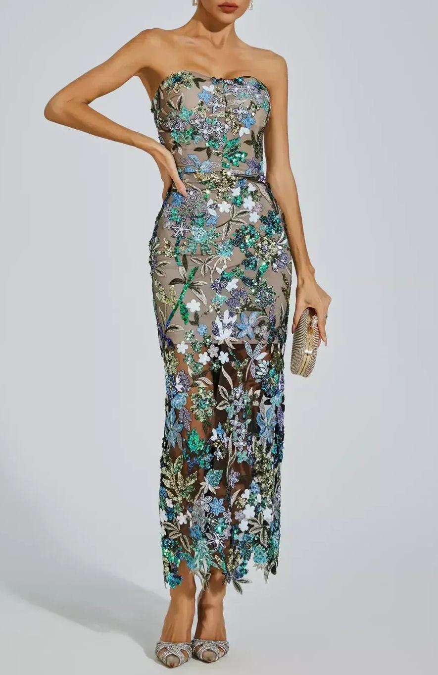 Cindara Flower Embroidered Sequin Dress