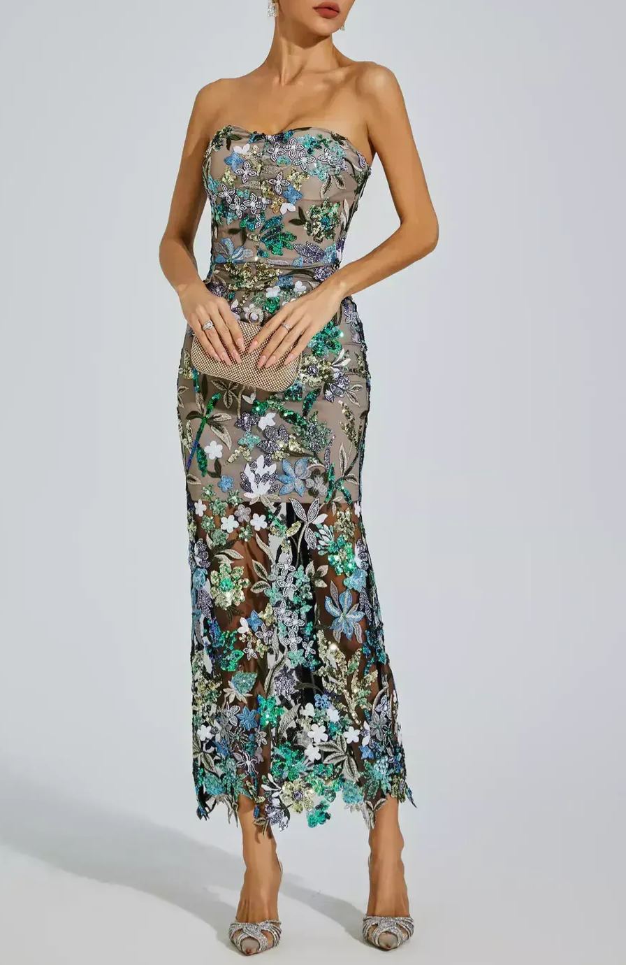Cindara Flower Embroidered Sequin Dress