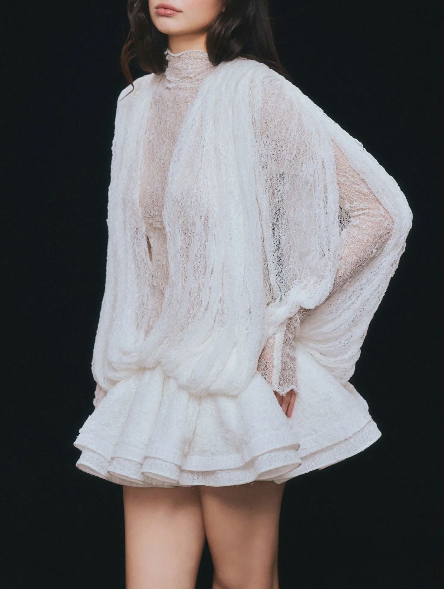 Dabney white semi-sheer lace top & shorts & dress matching set