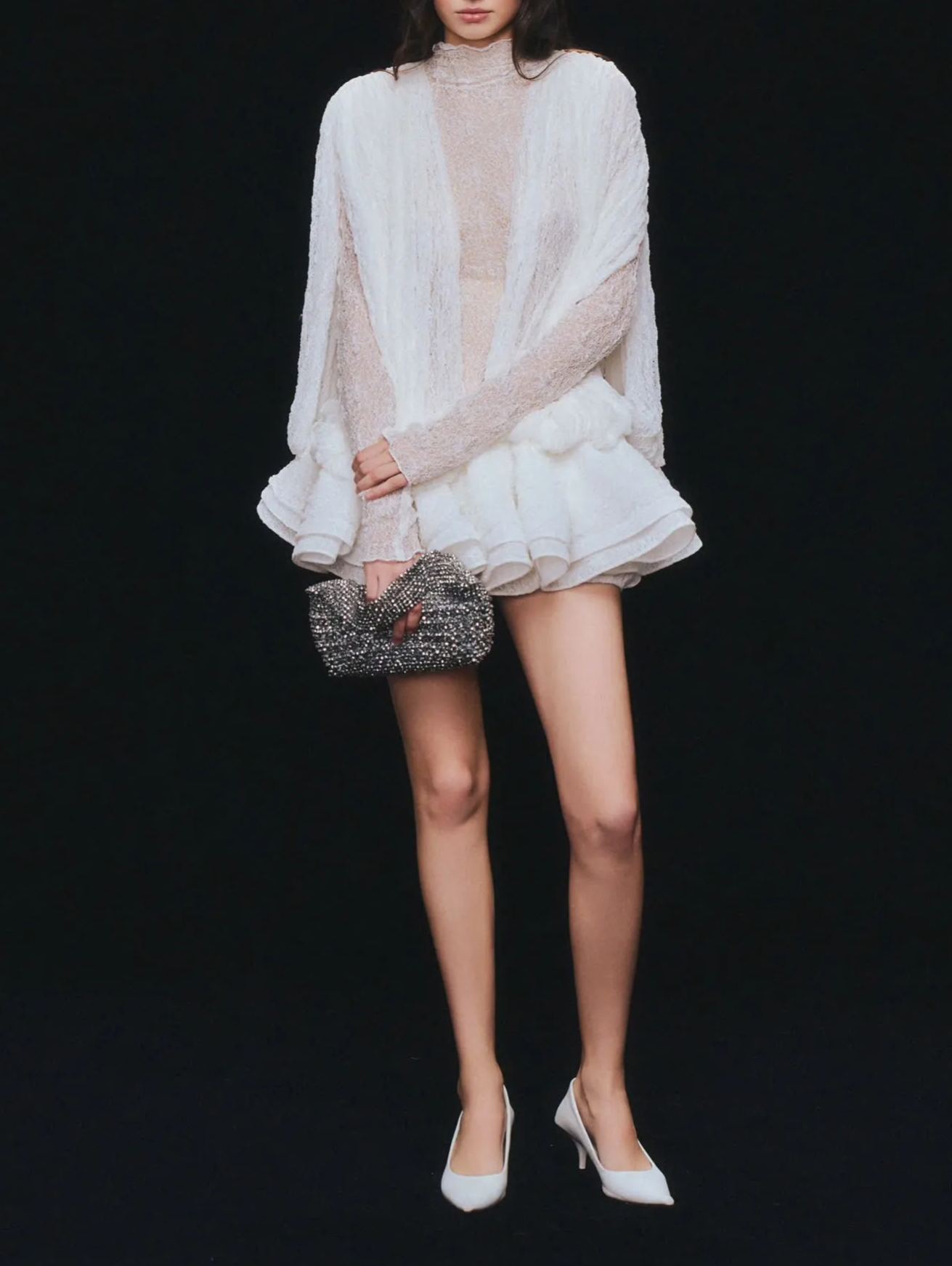 Dabney white semi-sheer lace top & shorts & dress matching set