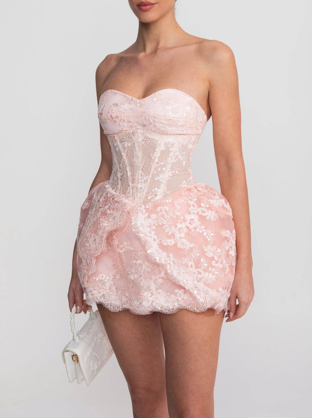 Lumi Lace Mini Dress With Corset Bodice And Bubble Hem Skirt - Blush Pink